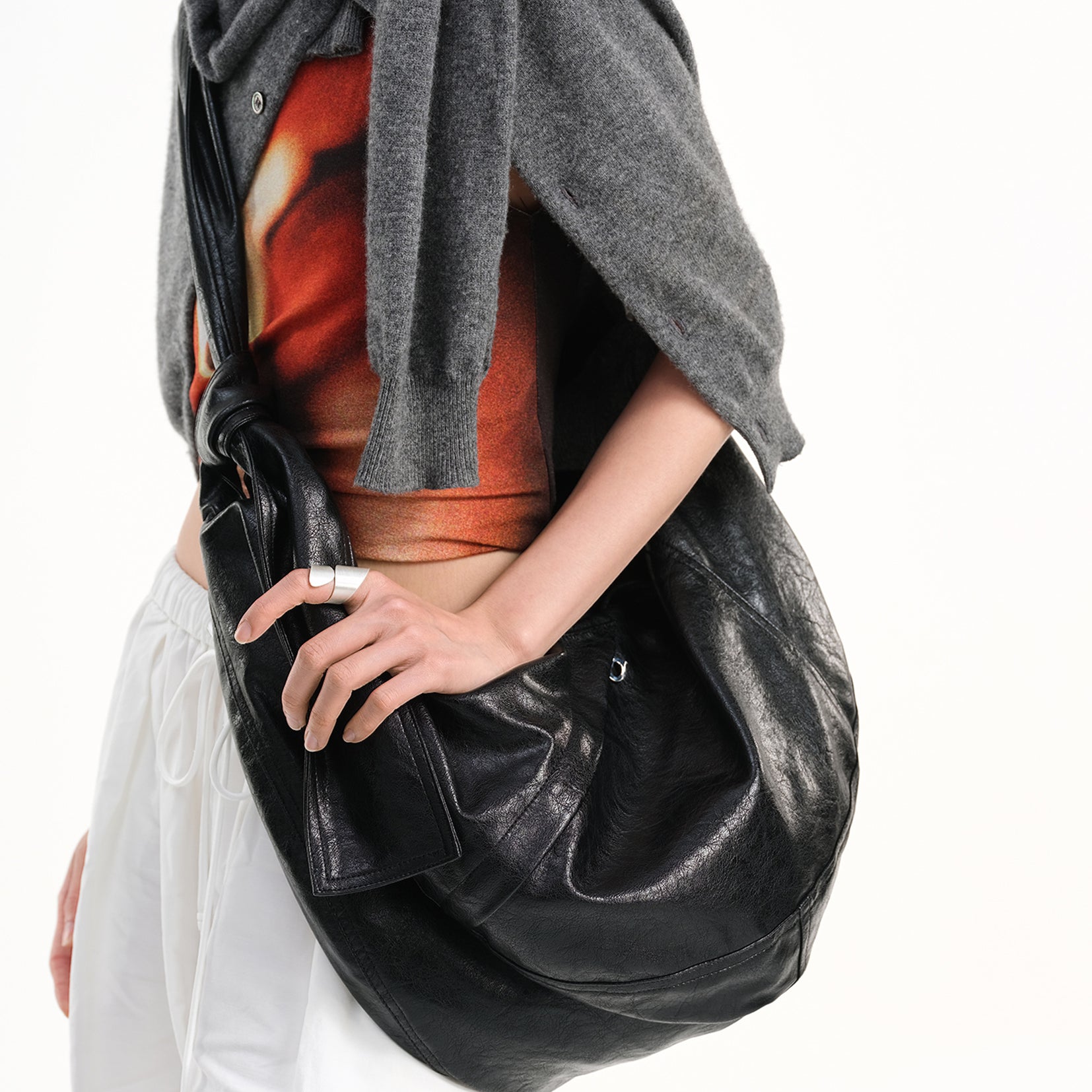 Vegan leather large dumpling bag - black