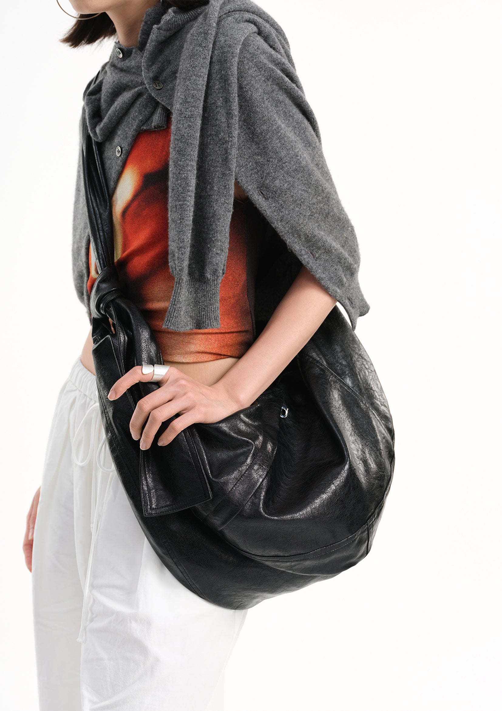 Vegan leather large dumpling bag - black