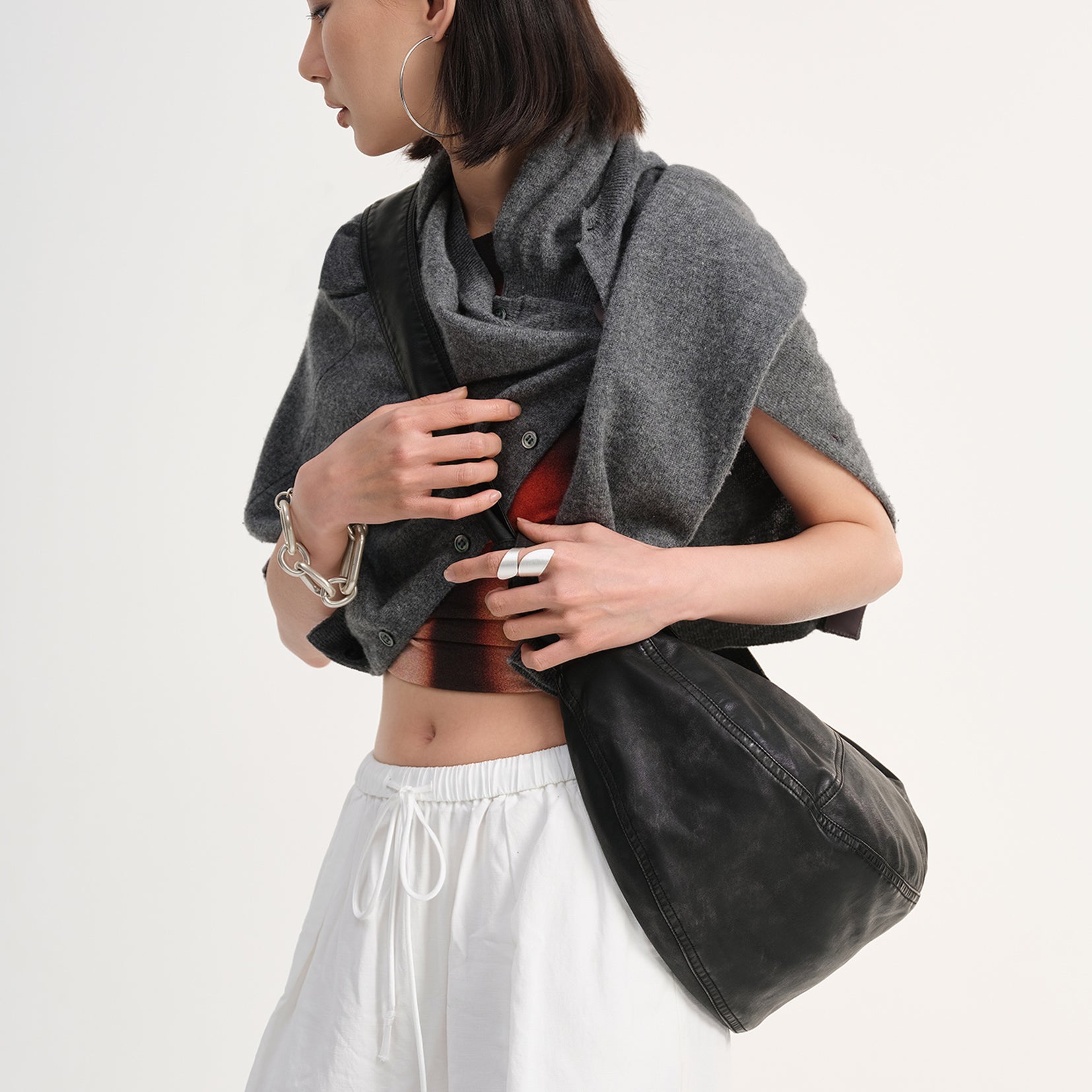 Vegan leather medium dumpling bag - distressed black