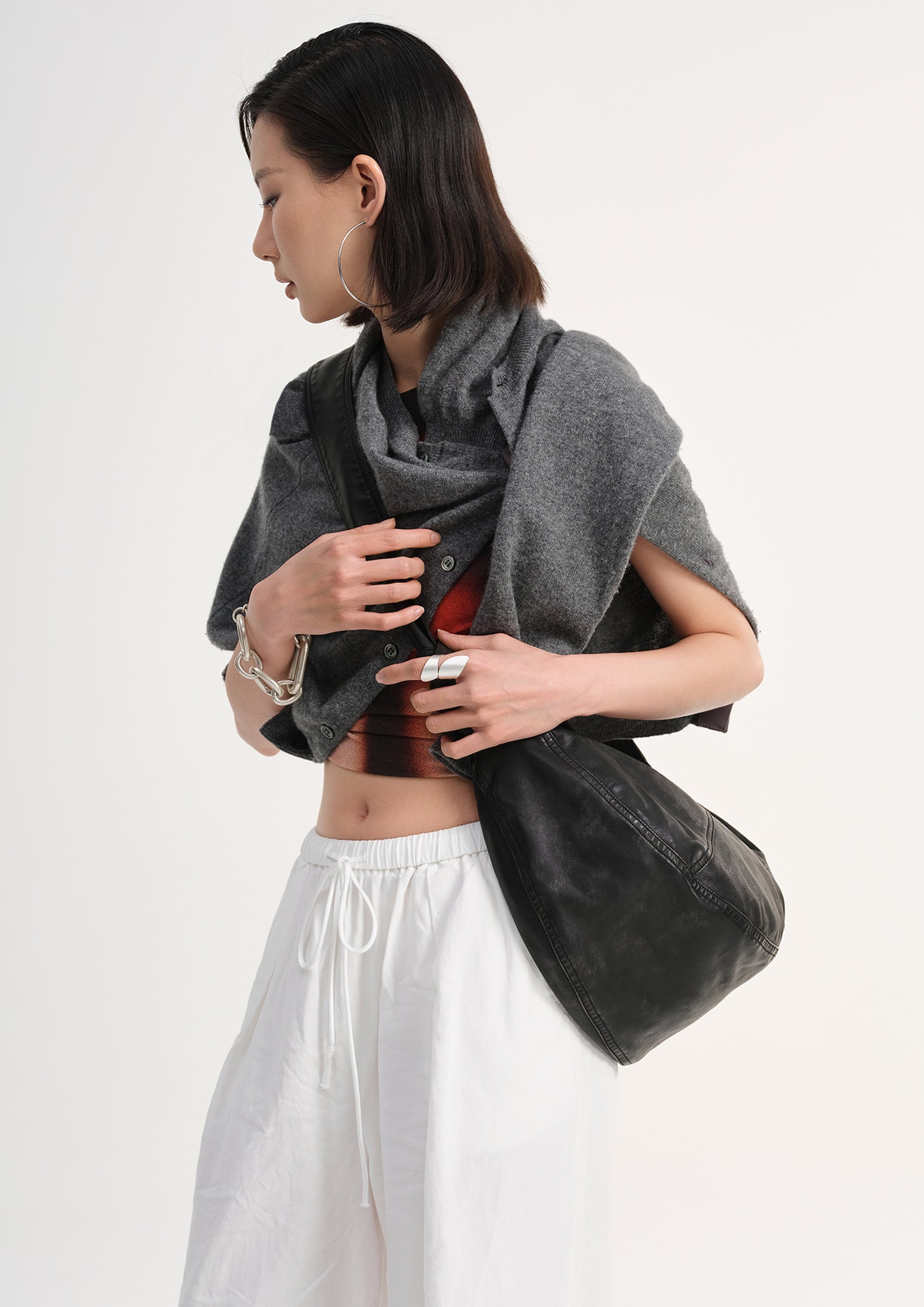 Vegan leather medium dumpling bag - distressed black