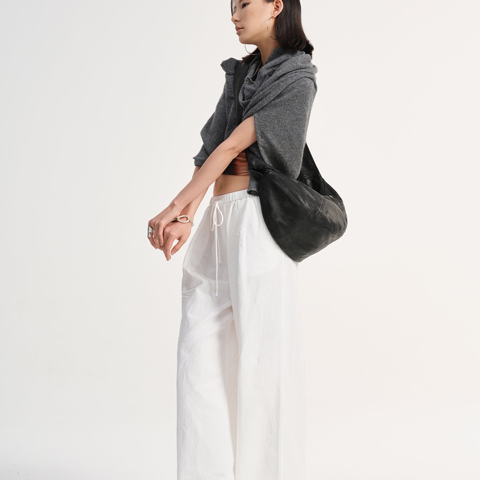 Vegan leather medium dumpling bag - distressed black