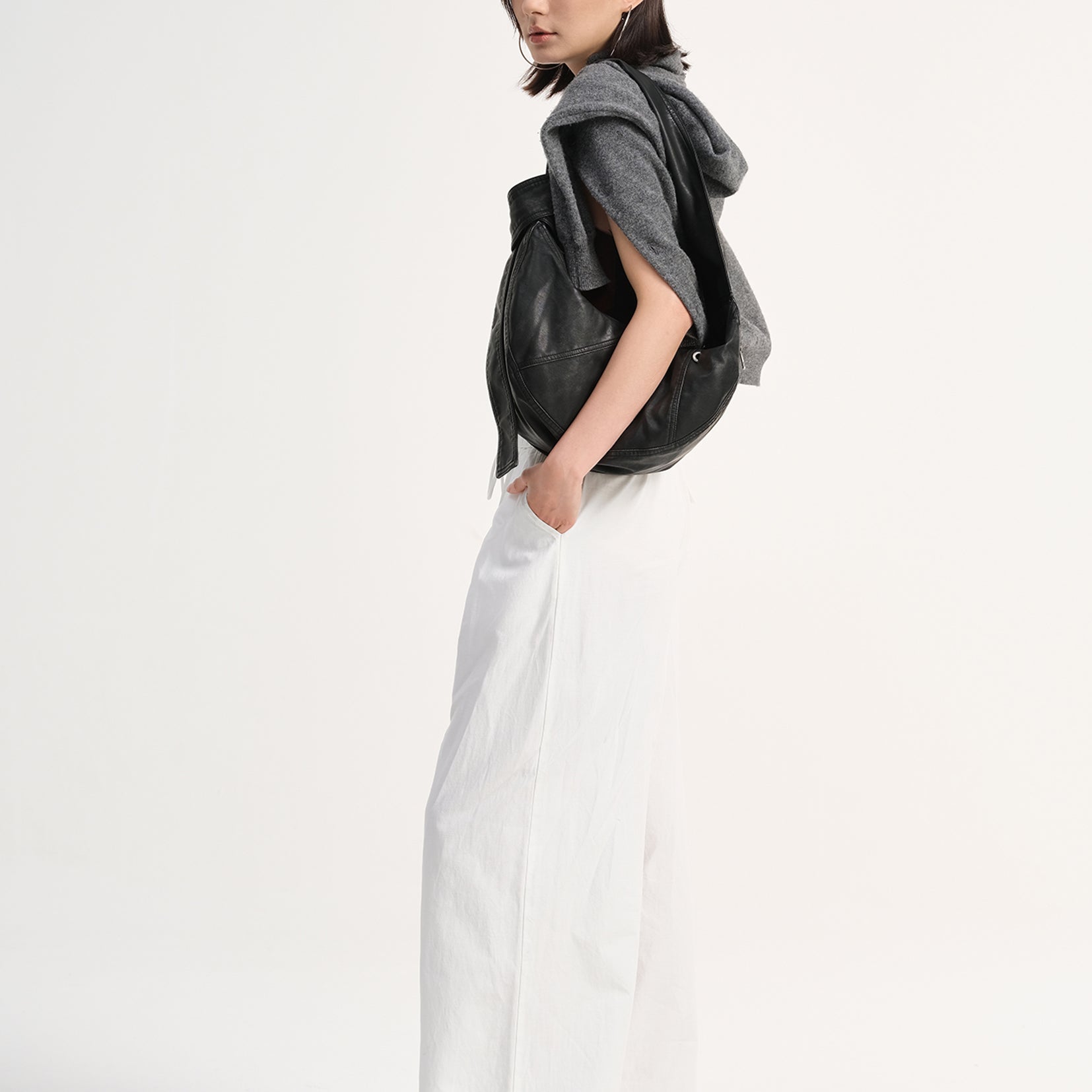 Vegan leather medium dumpling bag - distressed black