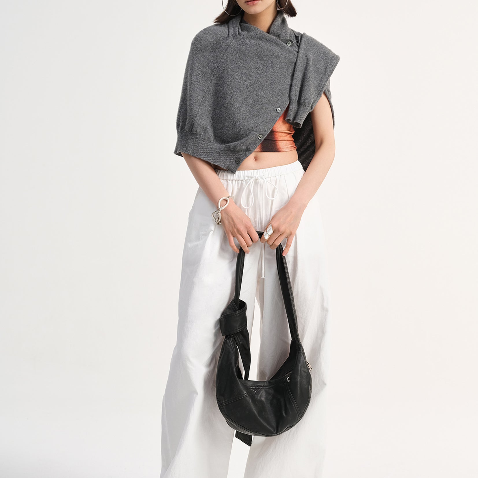 Vegan leather medium dumpling bag - distressed black