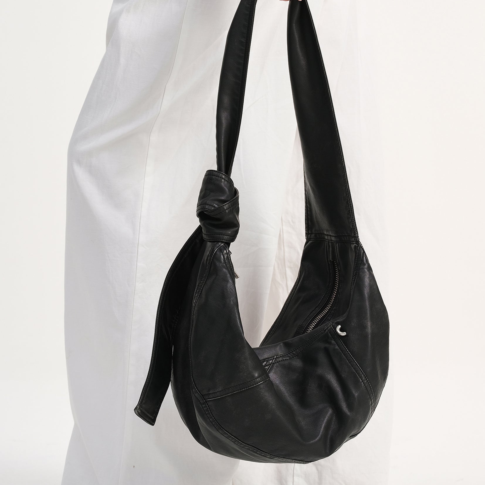 Vegan leather medium dumpling bag - distressed black