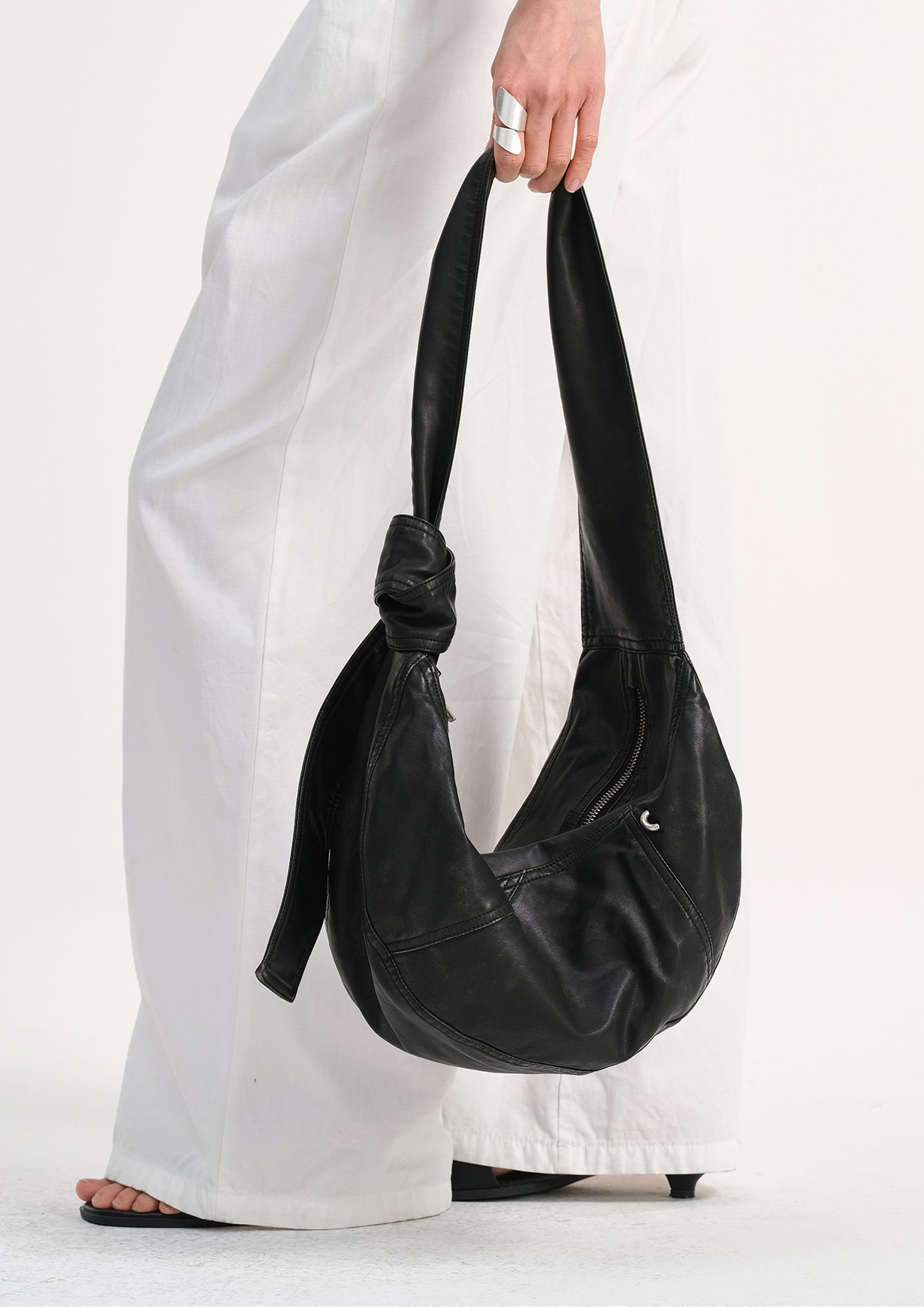 Vegan leather medium dumpling bag - distressed black