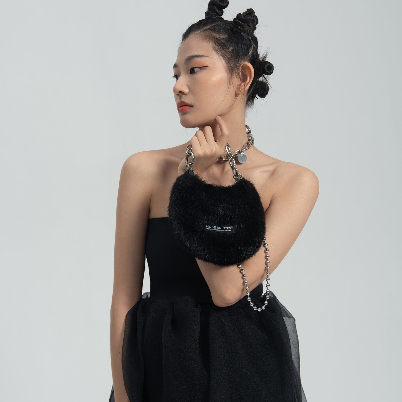 Fluffy shoulder/hand moon bag - black