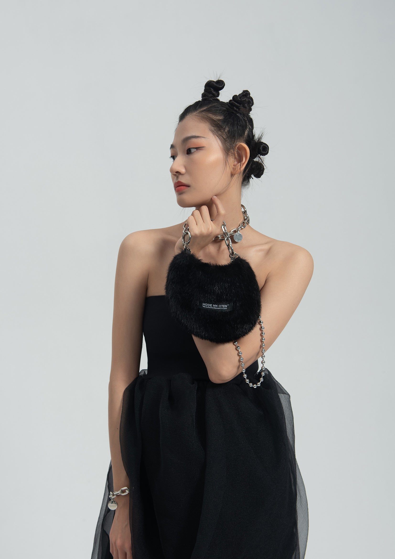 Fluffy shoulder/hand moon bag - black