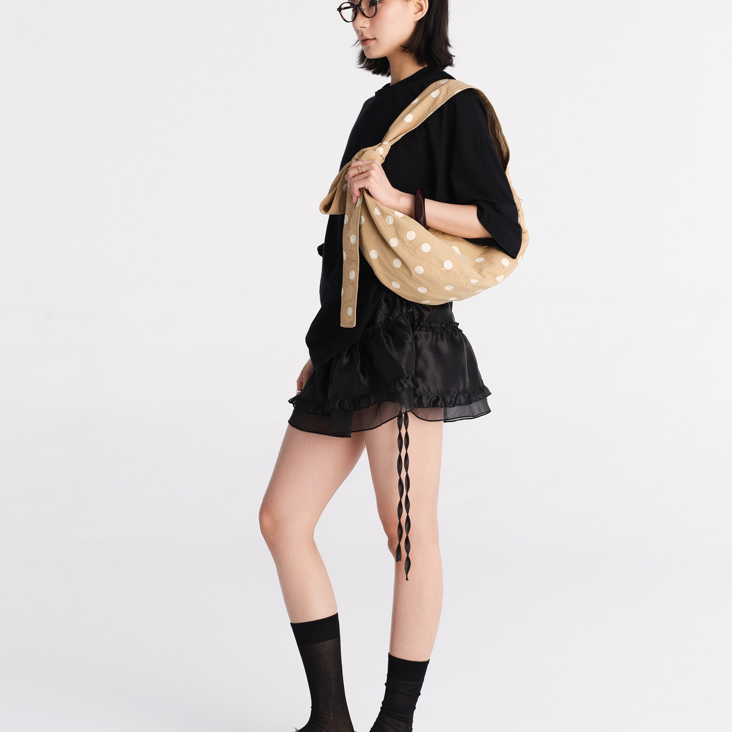 Polka dots medium dumpling bag - tan