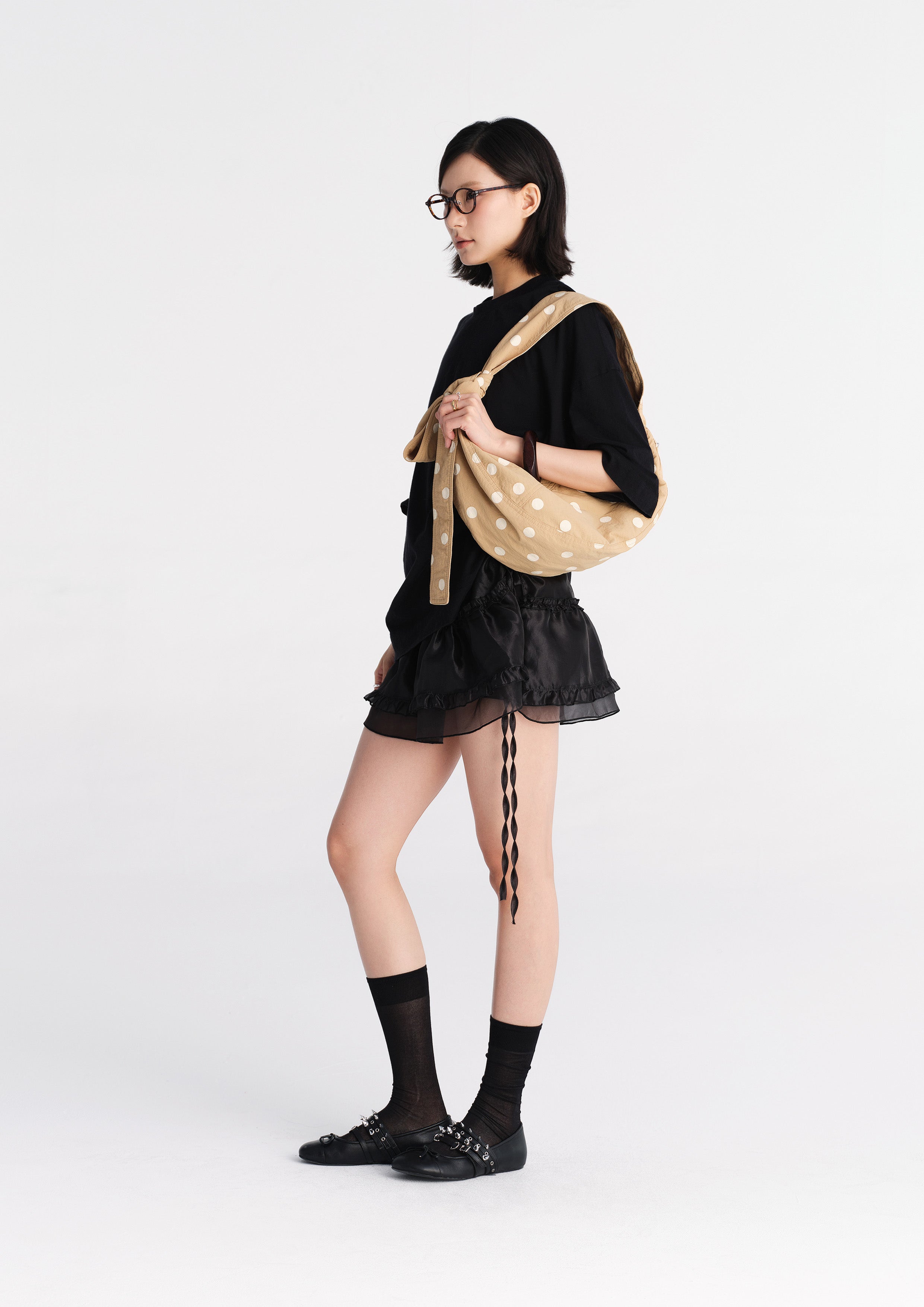 Polka dots medium dumpling bag - tan
