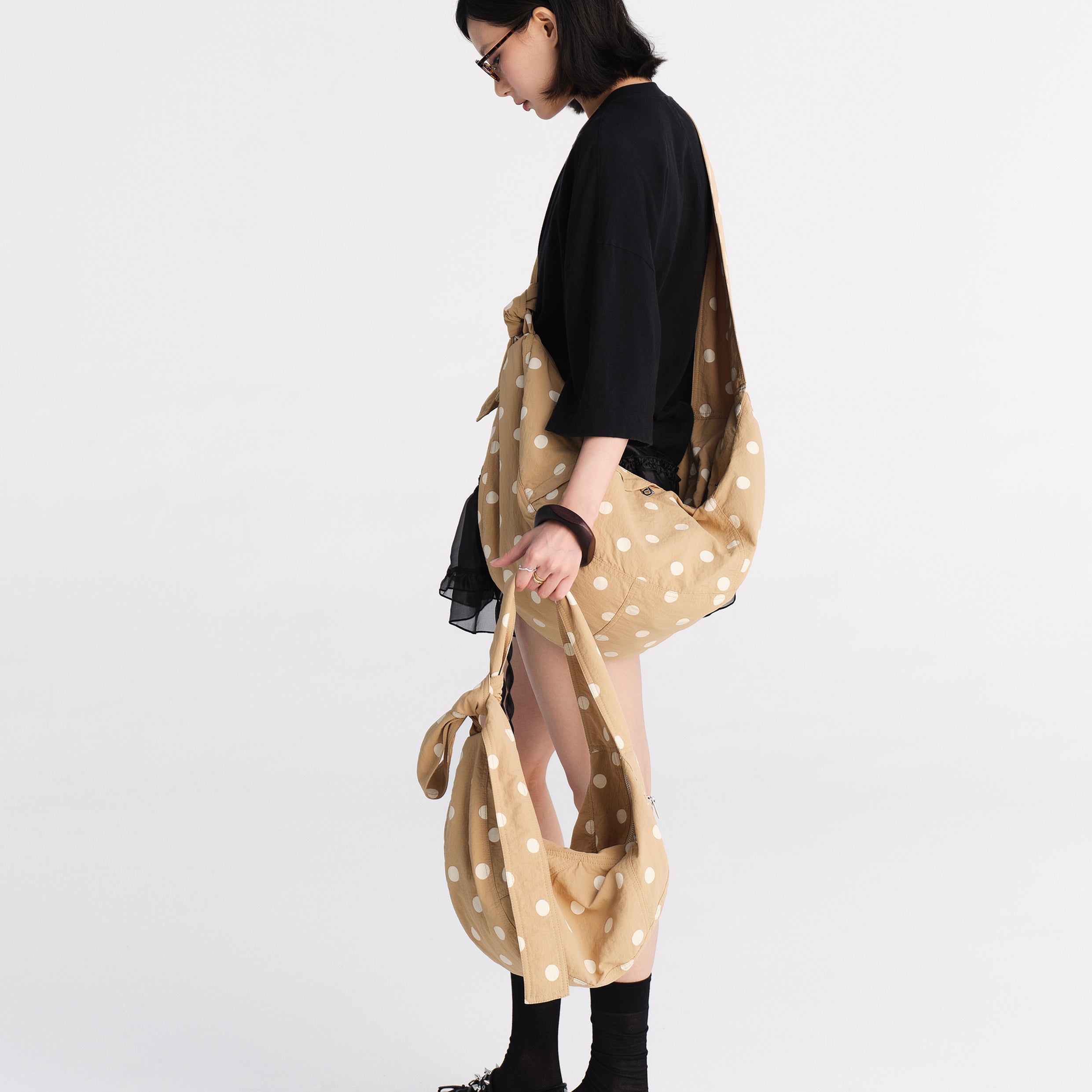 Polka dots large dumpling bags in 2 sizes - tan