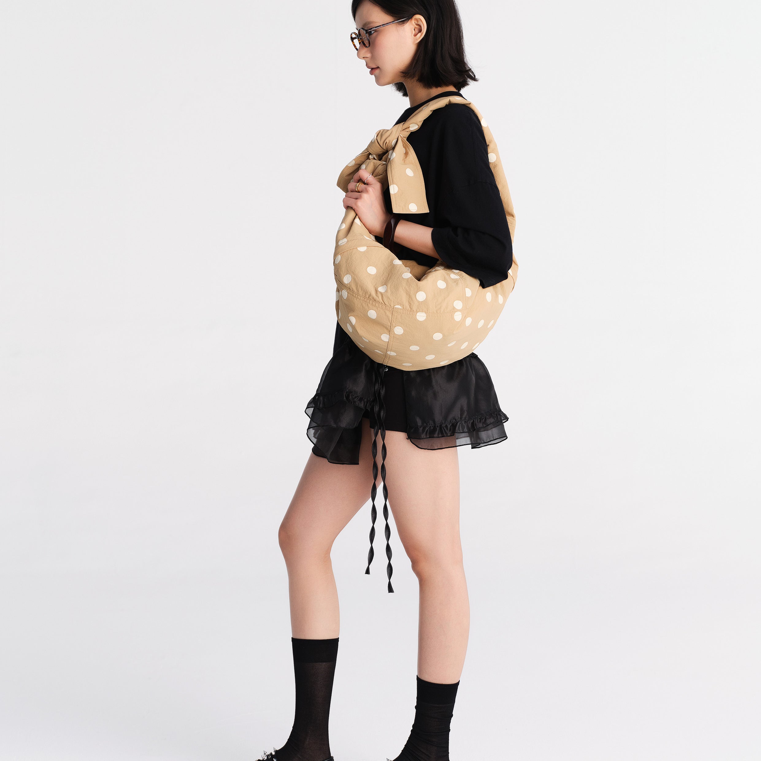 Polka dots large dumpling bag - tan