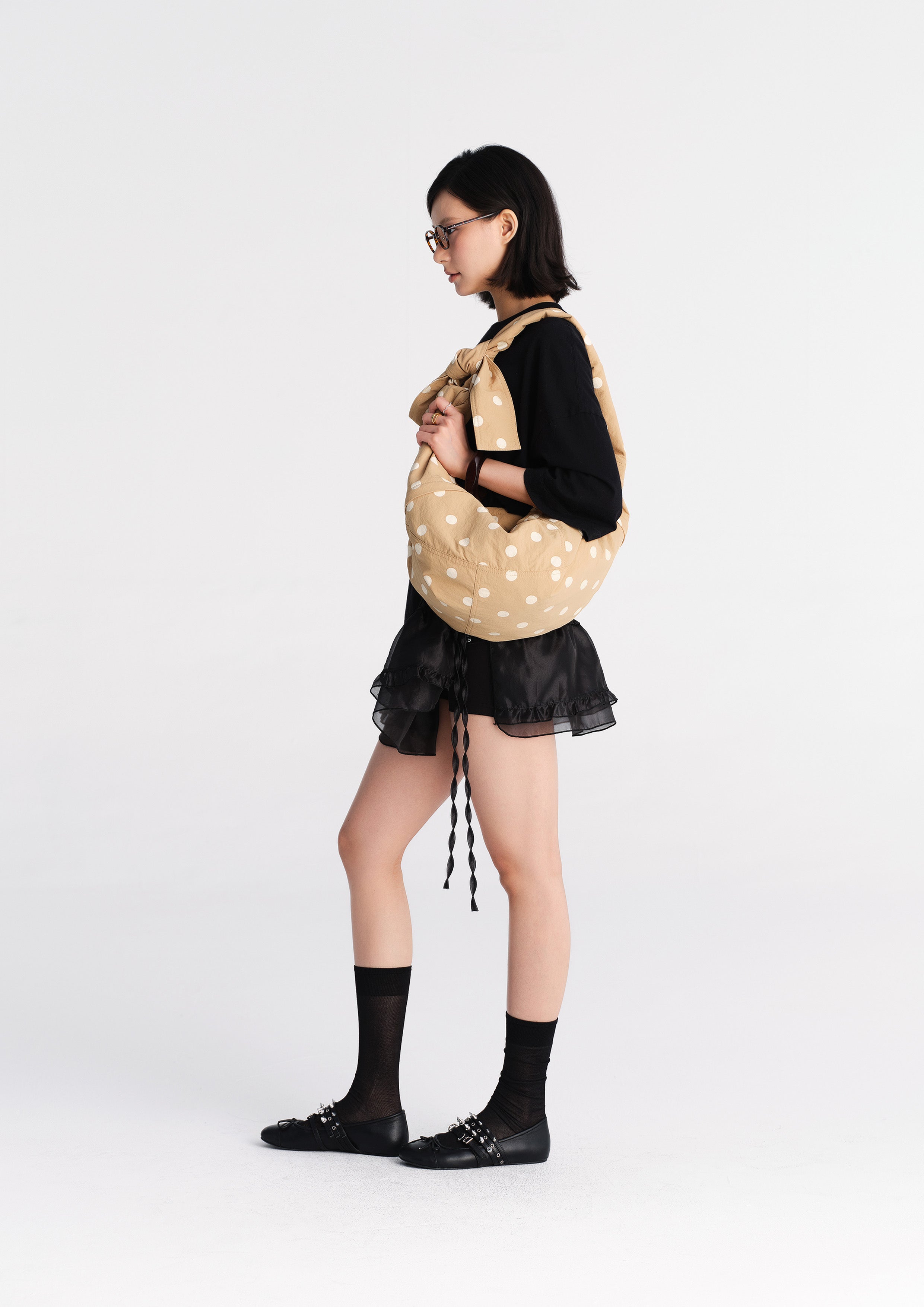 Polka dots large dumpling bag - tan