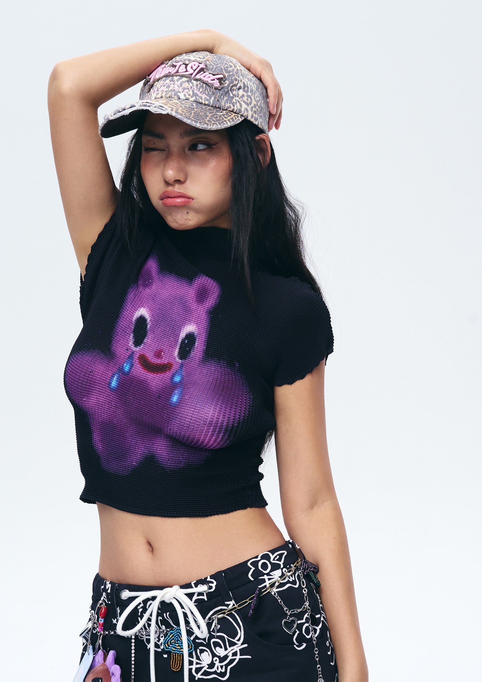 Purple bear crinkle stretch crop tee - black