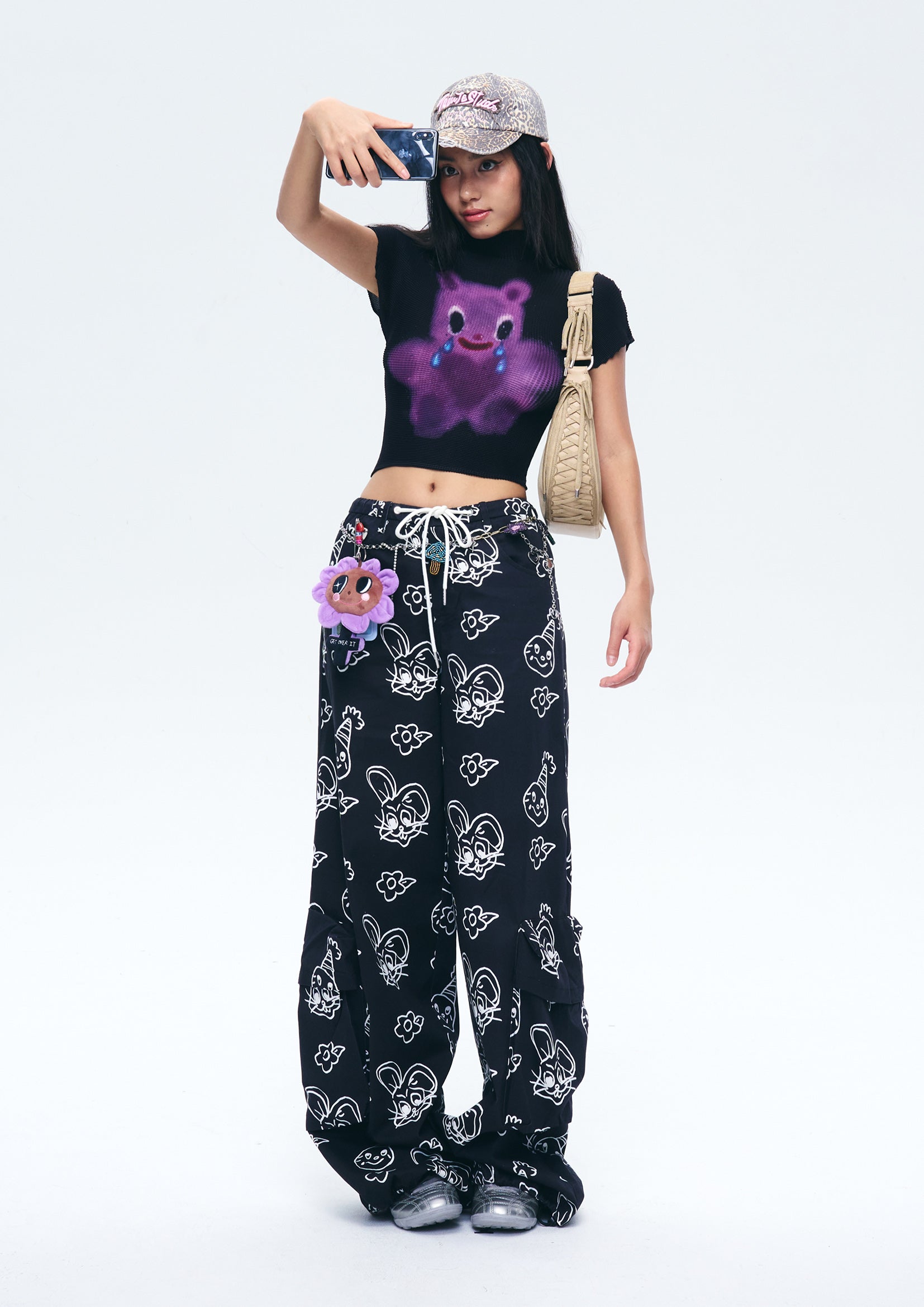 Purple bear crinkle stretch crop tee - black