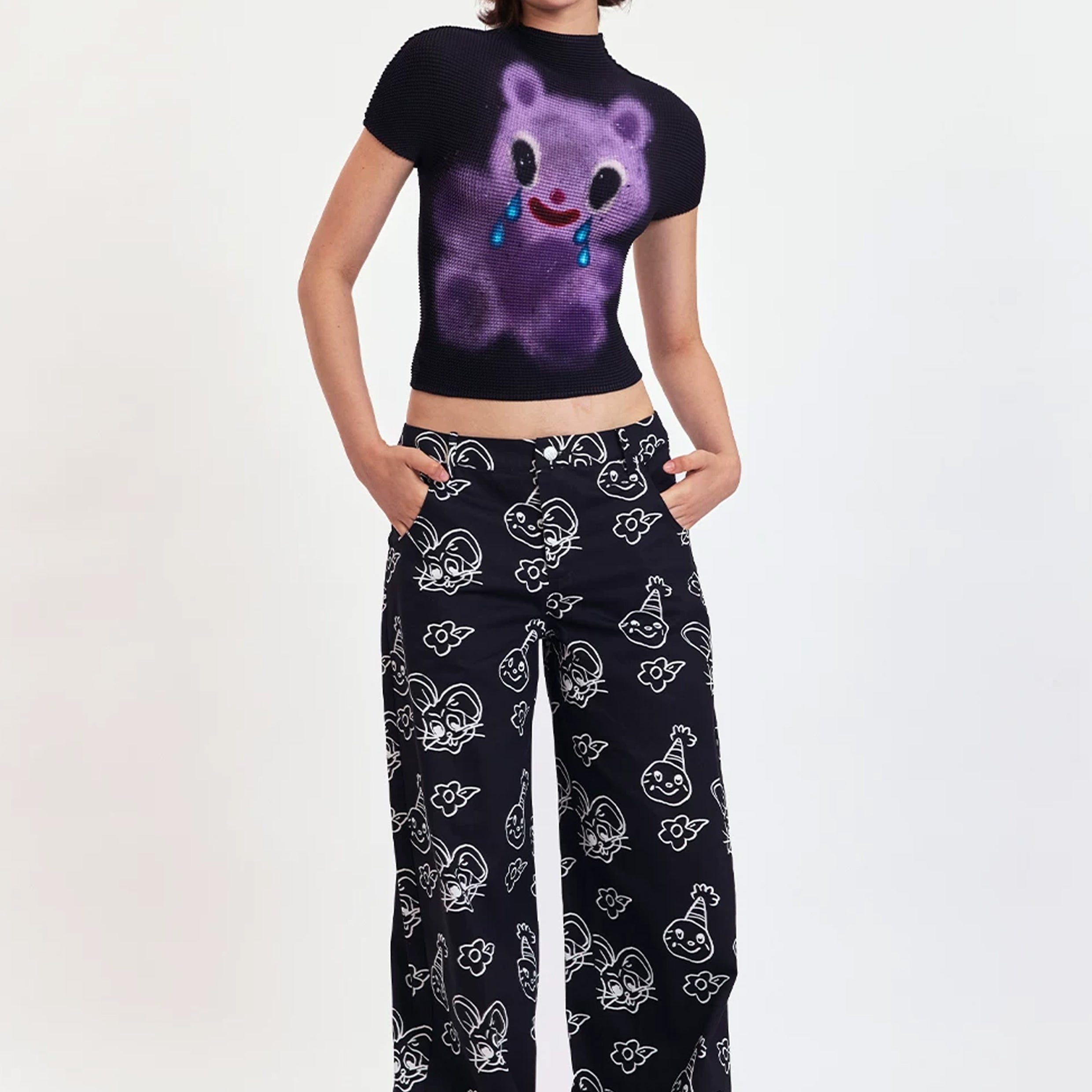 Purple bear crinkle stretch crop tee - black