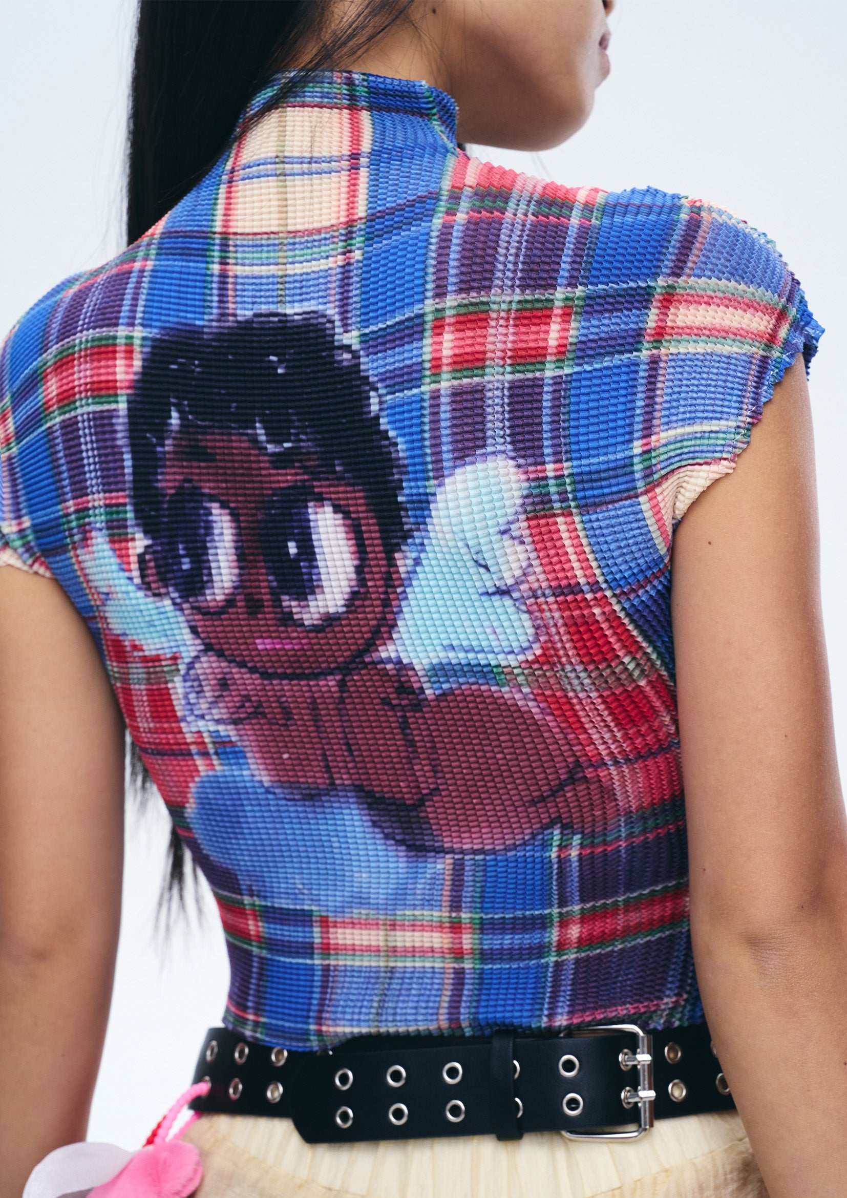 Angel crinkle stretch crop tee - navy plaid – Future Fusion Online