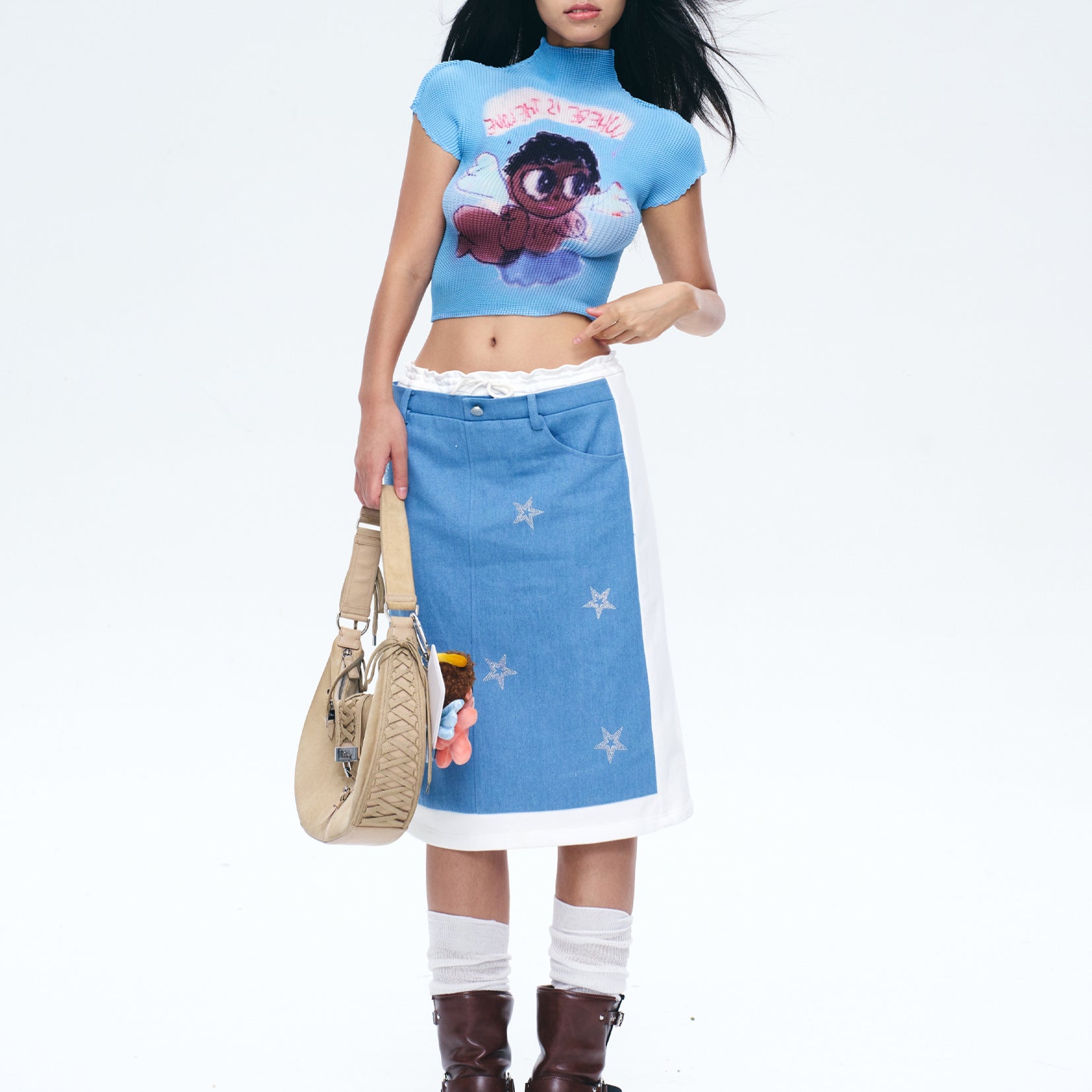 Angel crinkle stretch crop tee - sky blue