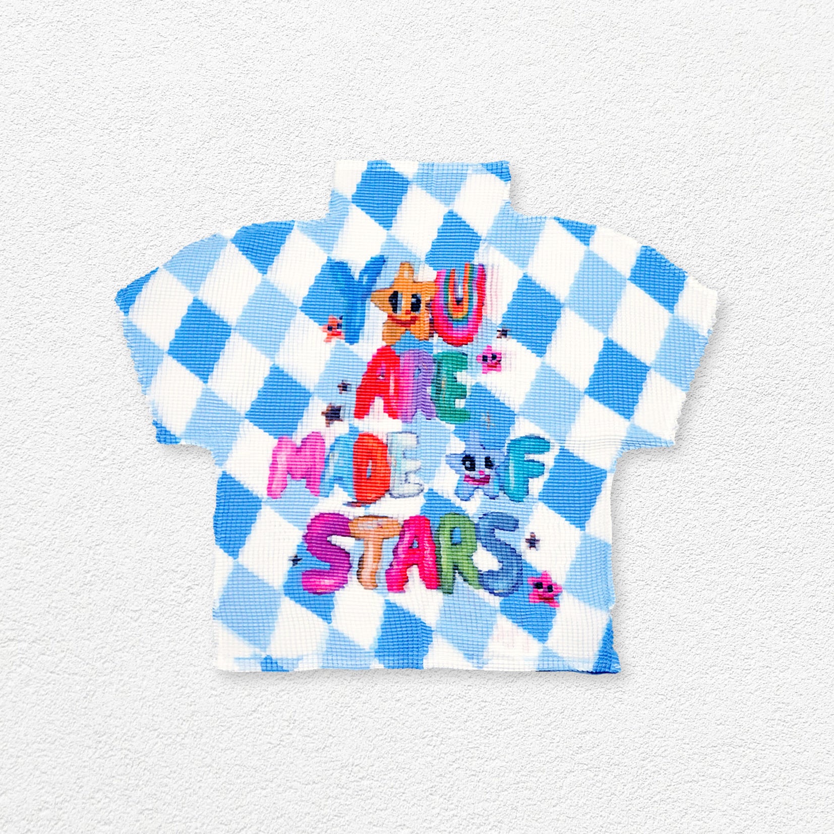 ‘You are made of stars' crinkle stretch crop tee - blue argyle