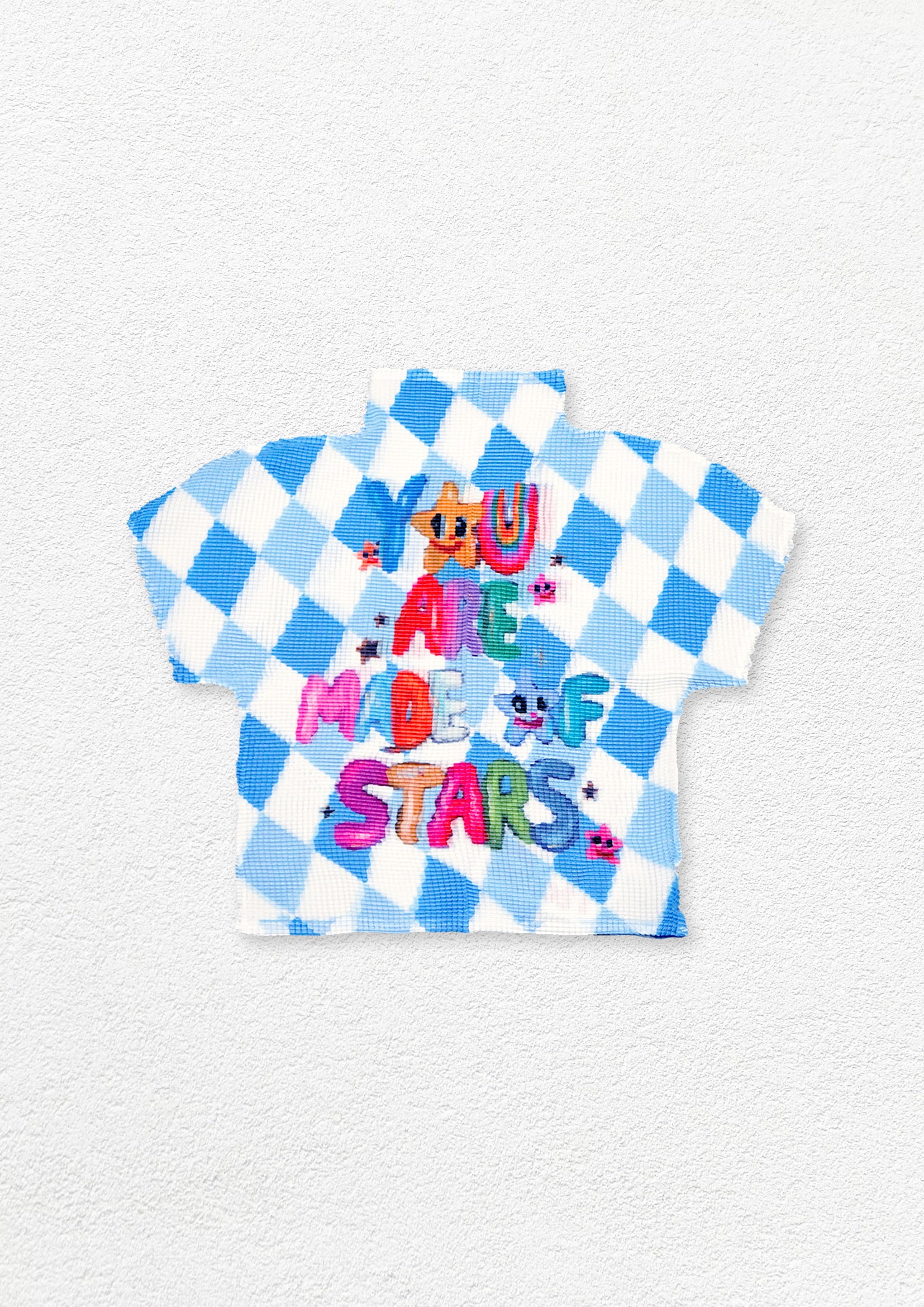 ‘You are made of stars' crinkle stretch crop tee - blue argyle