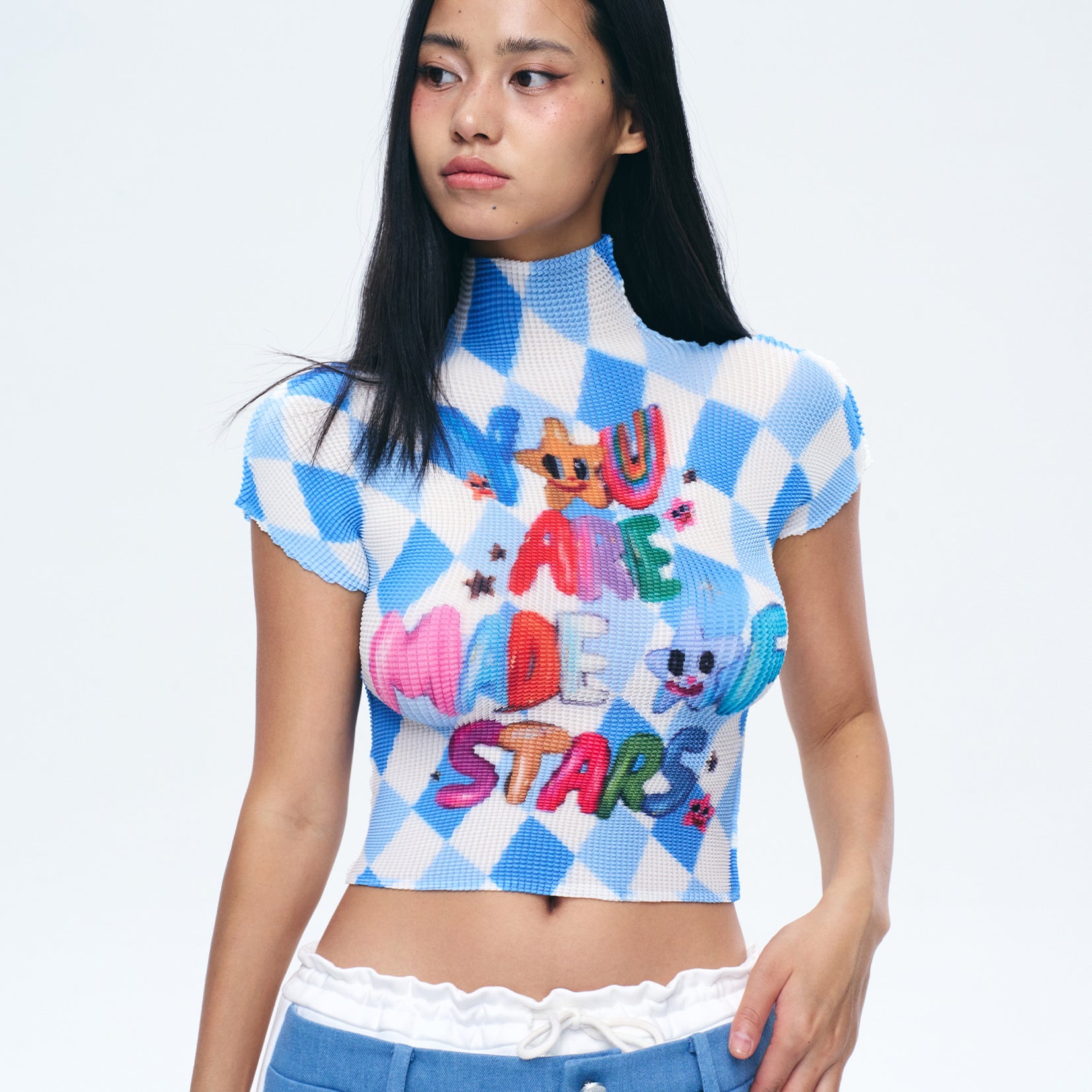 ‘You are made of stars' crinkle stretch crop tee - blue argyle