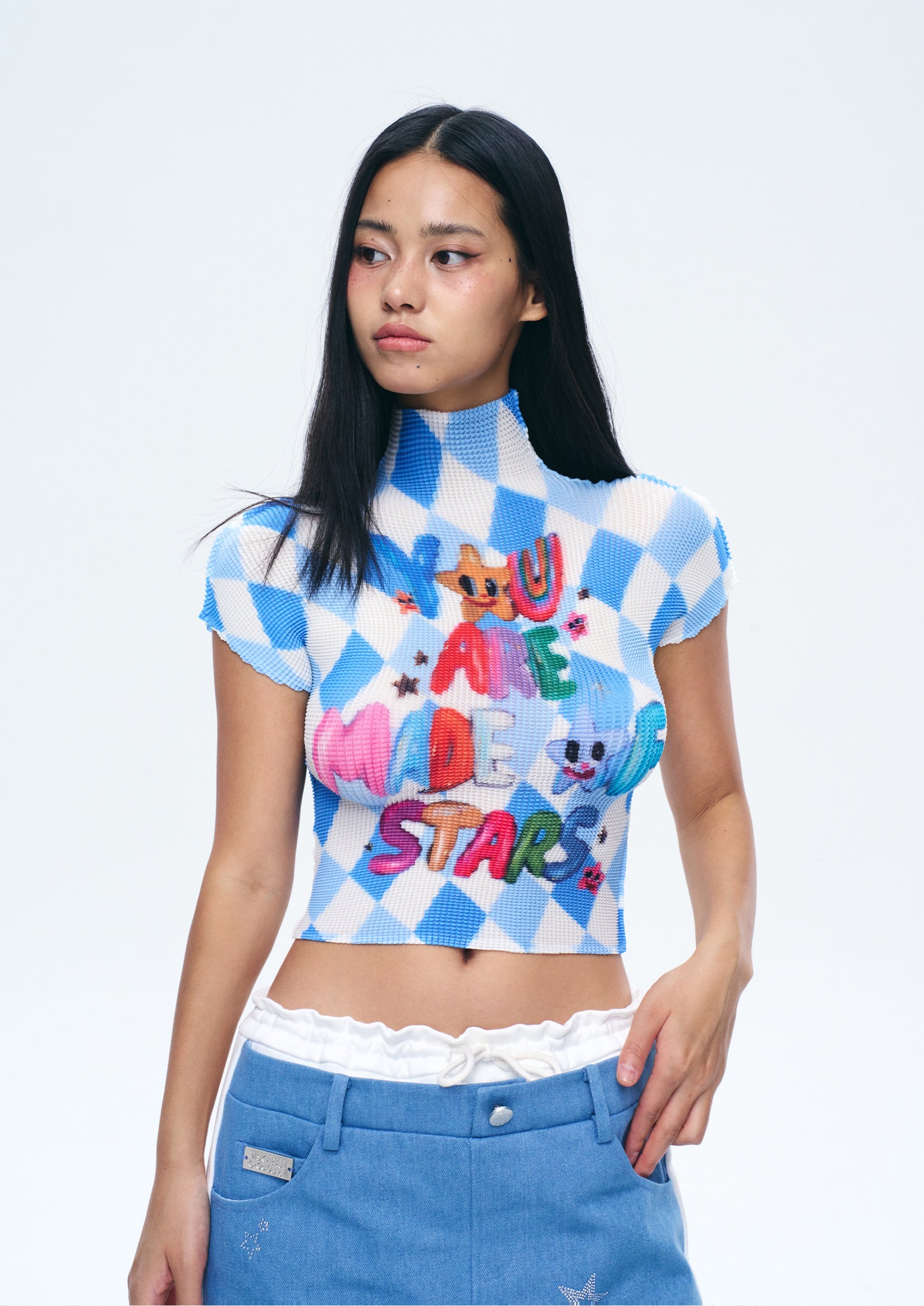 ‘You are made of stars' crinkle stretch crop tee - blue argyle