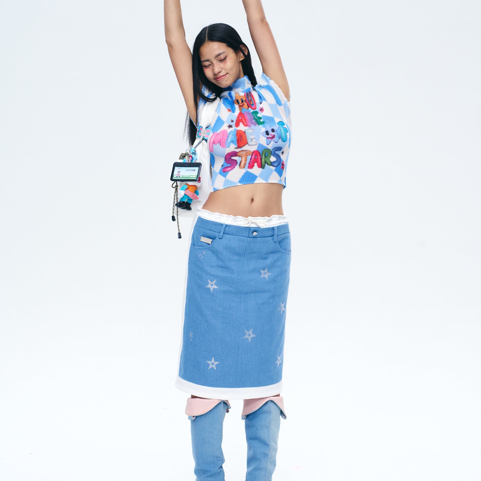 ‘You are made of stars' crinkle stretch crop tee - blue argyle