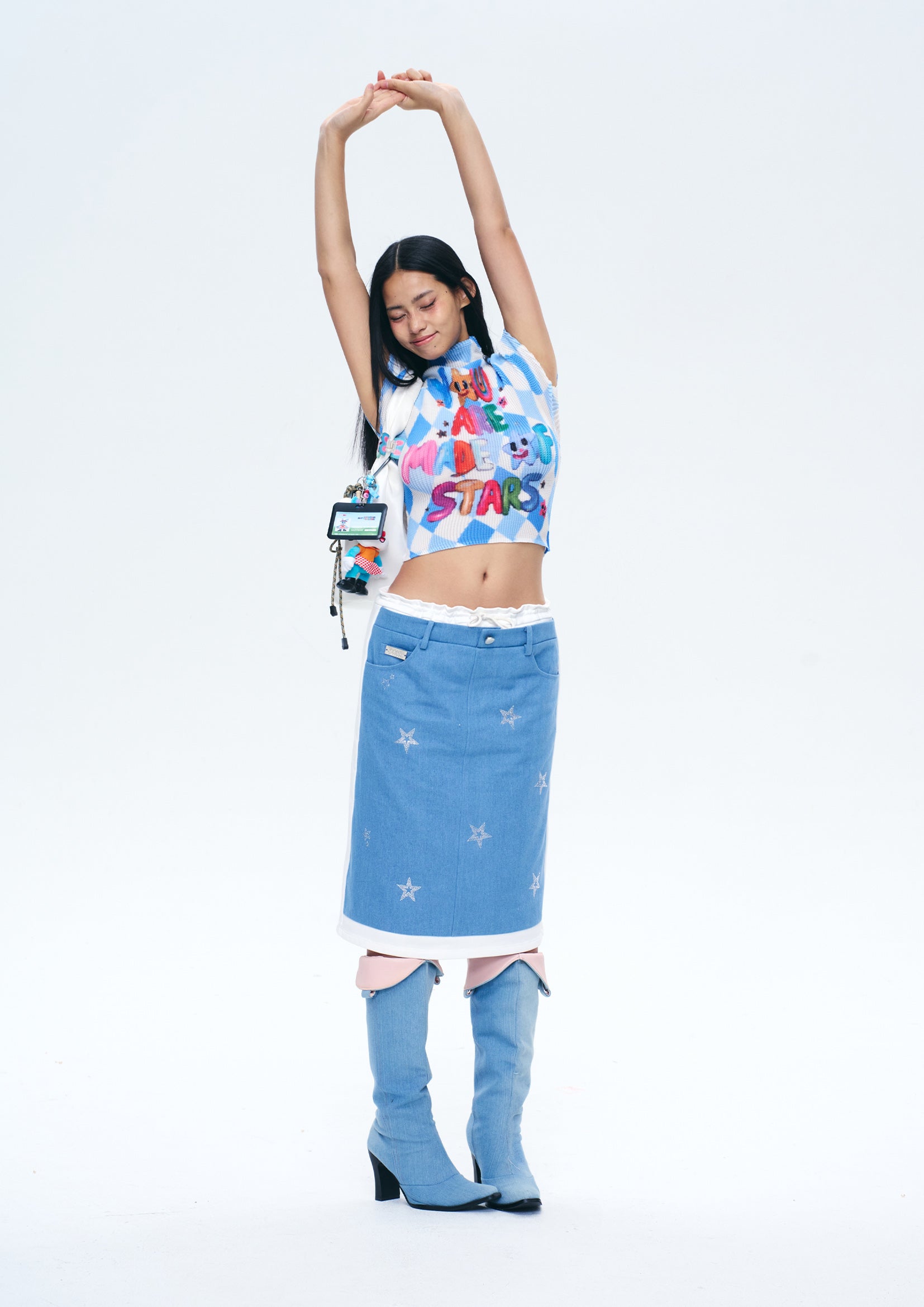 ‘You are made of stars' crinkle stretch crop tee - blue argyle