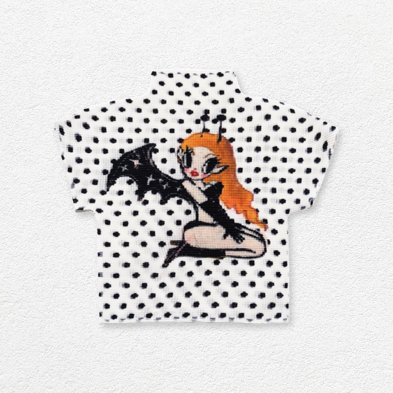 Devil girl polka dots crinkle stretch crop tee - white