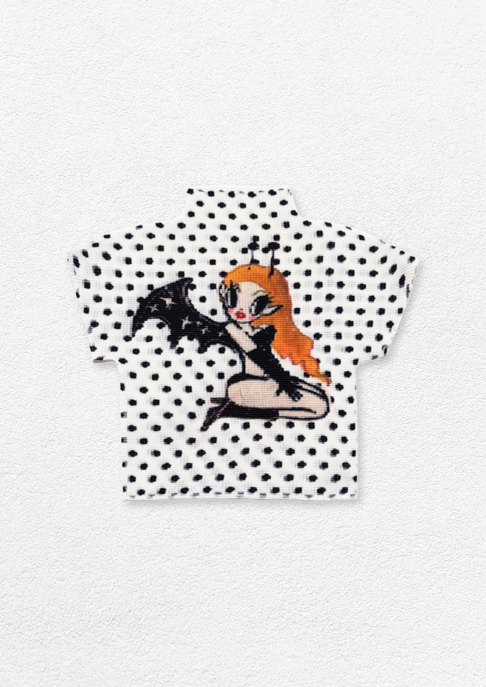 Devil girl polka dots crinkle stretch crop tee - white