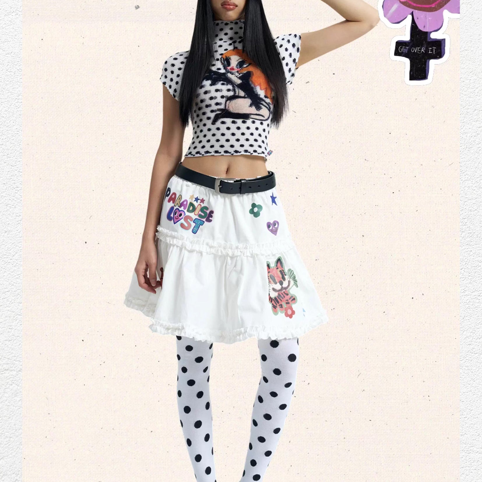 Devil girl polka dots crinkle stretch crop tee - white