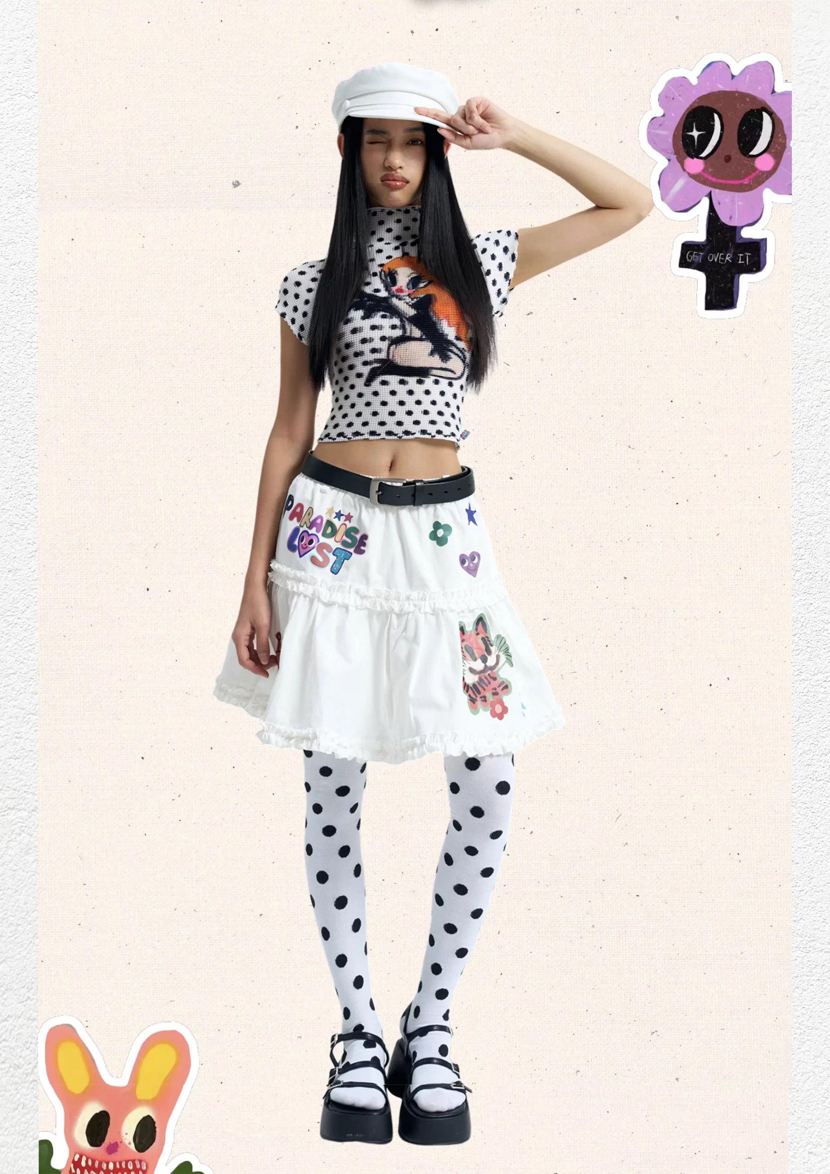 Devil girl polka dots crinkle stretch crop tee - white