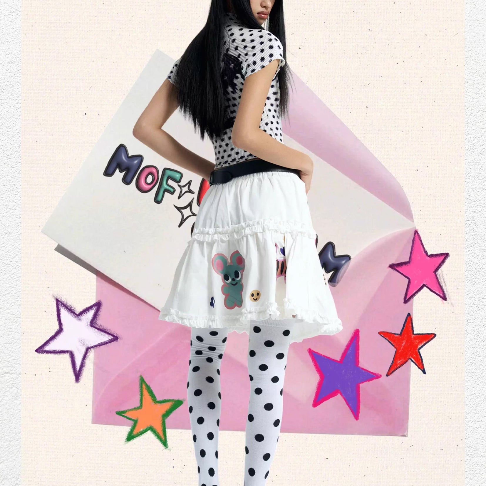 Devil girl polka dots crinkle stretch crop tee - white