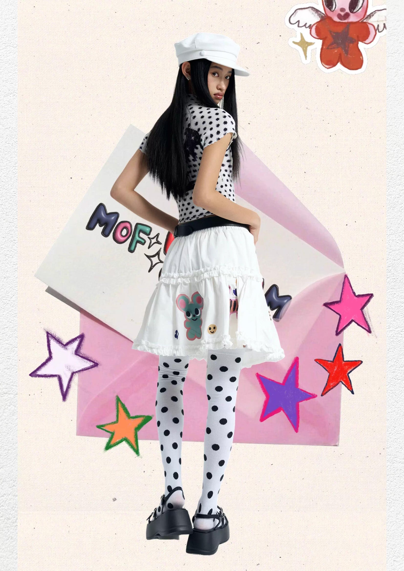 Devil girl polka dots crinkle stretch crop tee - white