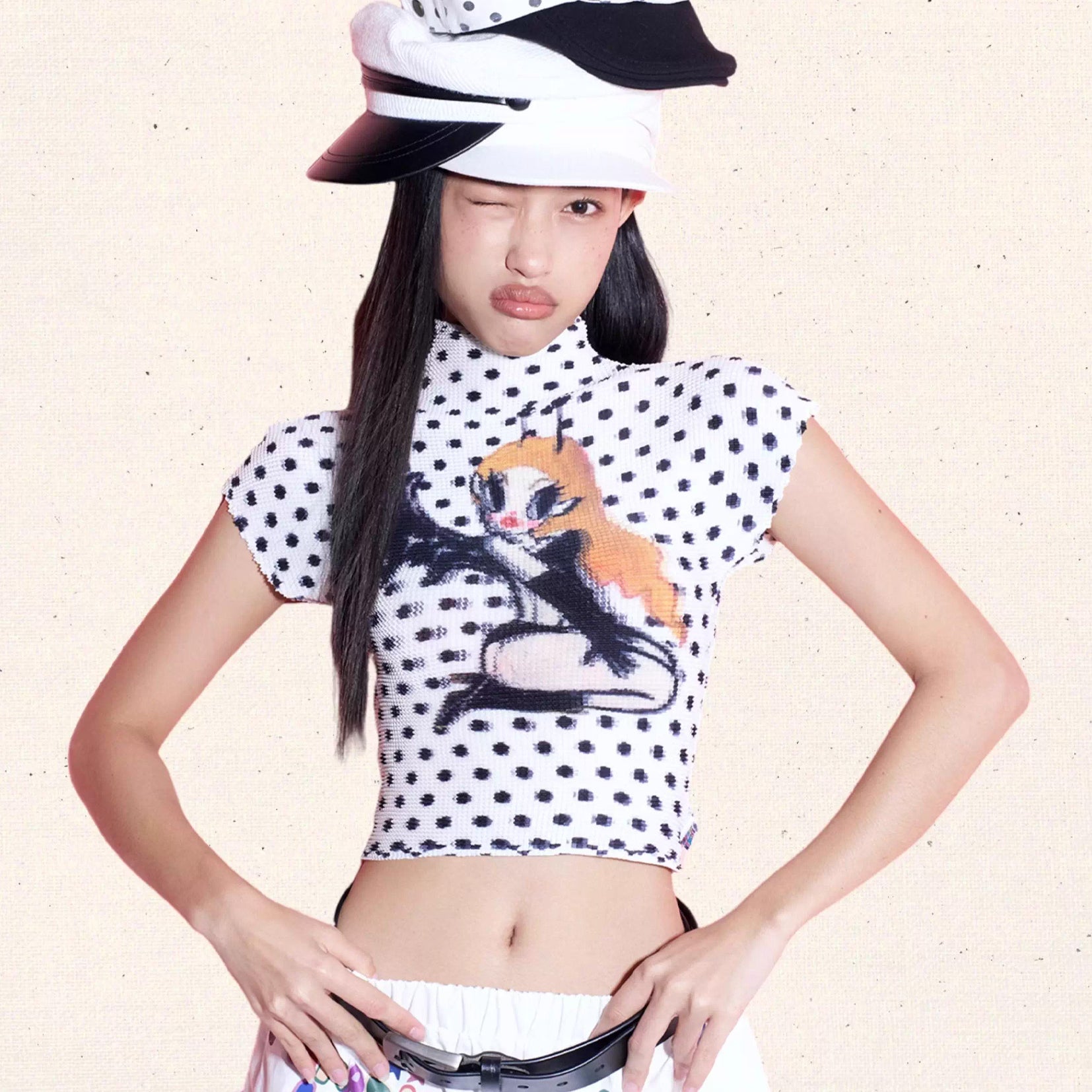 Devil girl polka dots crinkle stretch crop tee - white