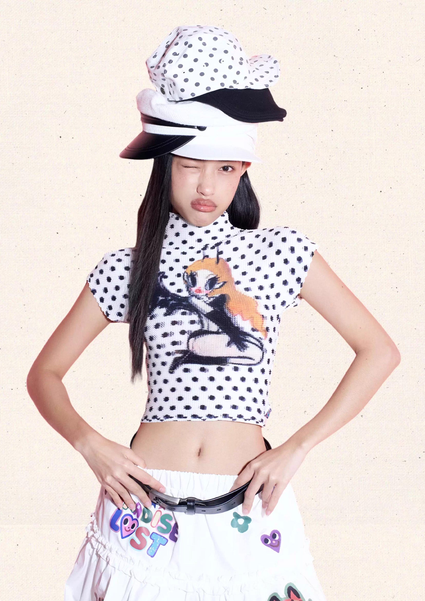 Devil girl polka dots crinkle stretch crop tee - white