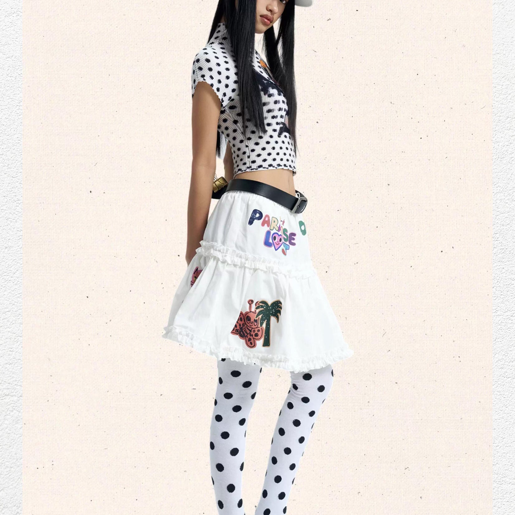 Devil girl polka dots crinkle stretch crop tee - white