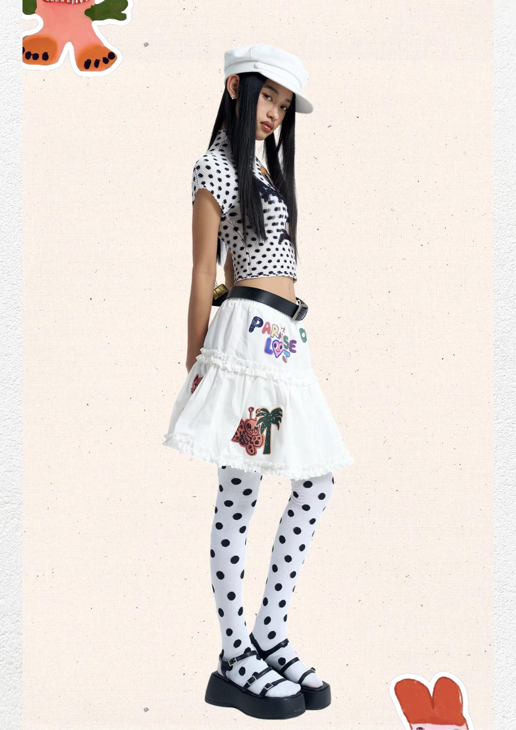 Devil girl polka dots crinkle stretch crop tee - white