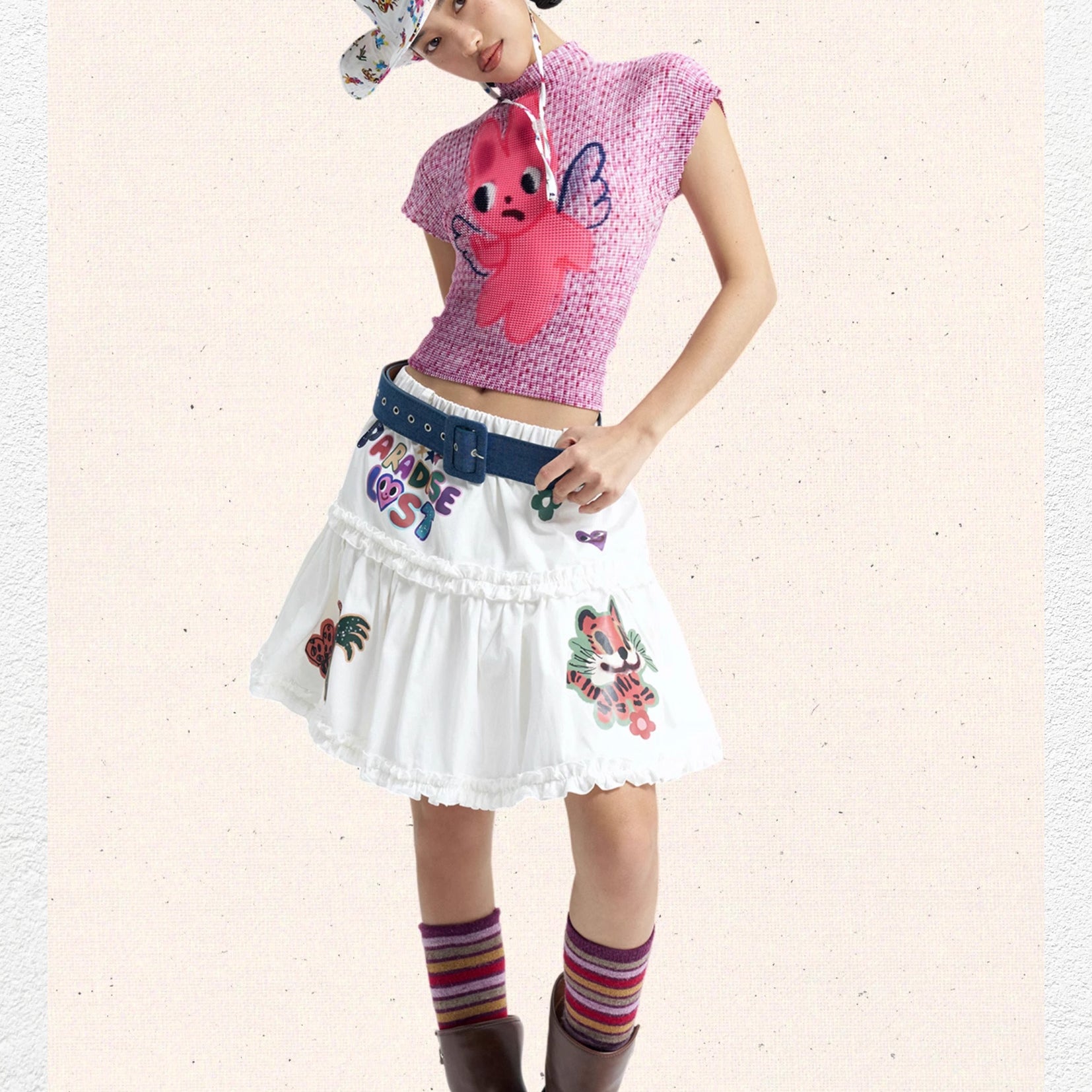 Pink bunny crinkle stretch crop tee - pink knit