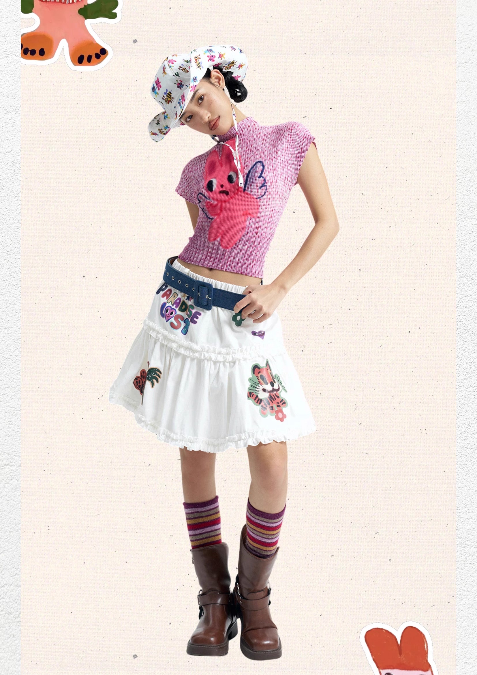 Pink bunny crinkle stretch crop tee - pink knit