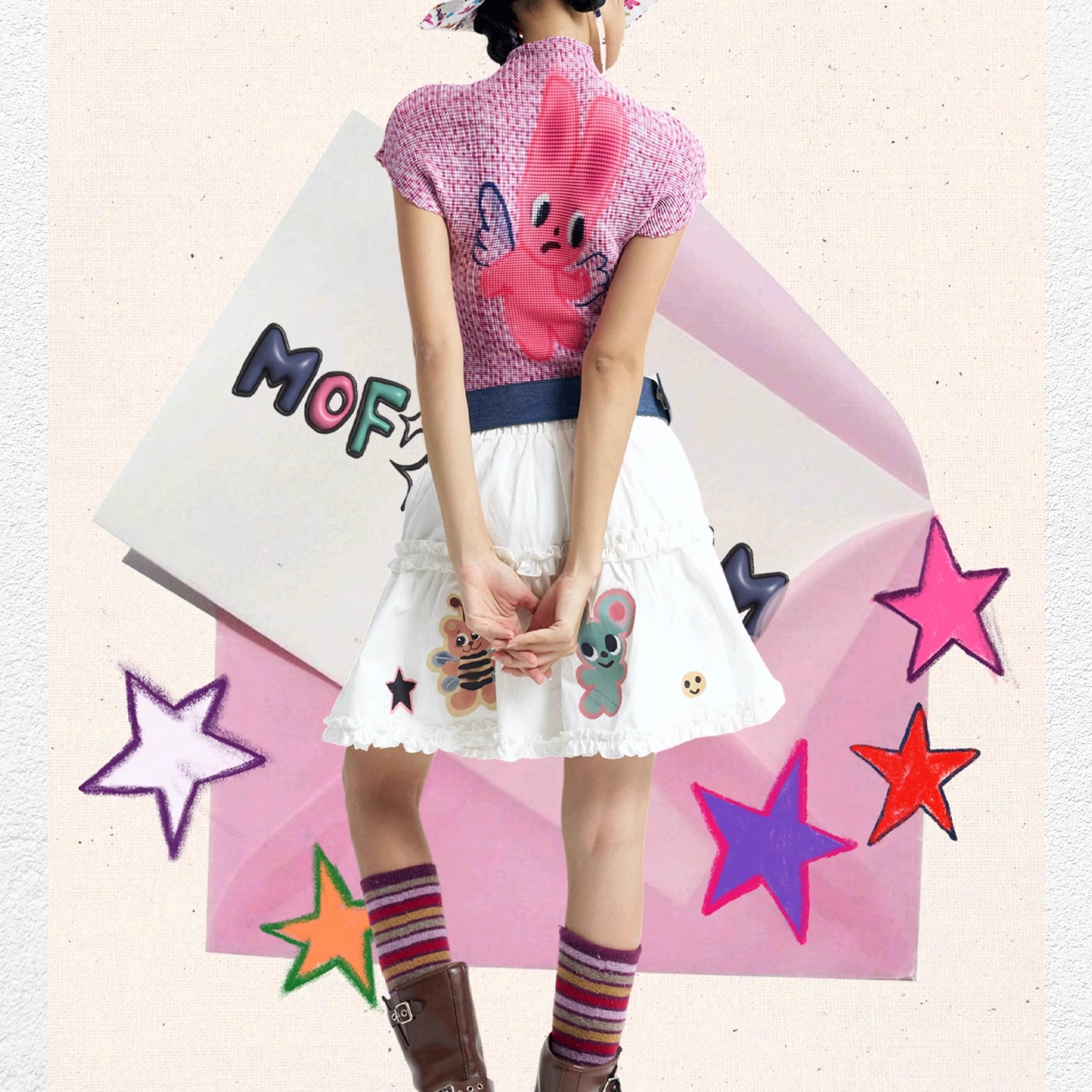 Pink bunny crinkle stretch crop tee - pink knit