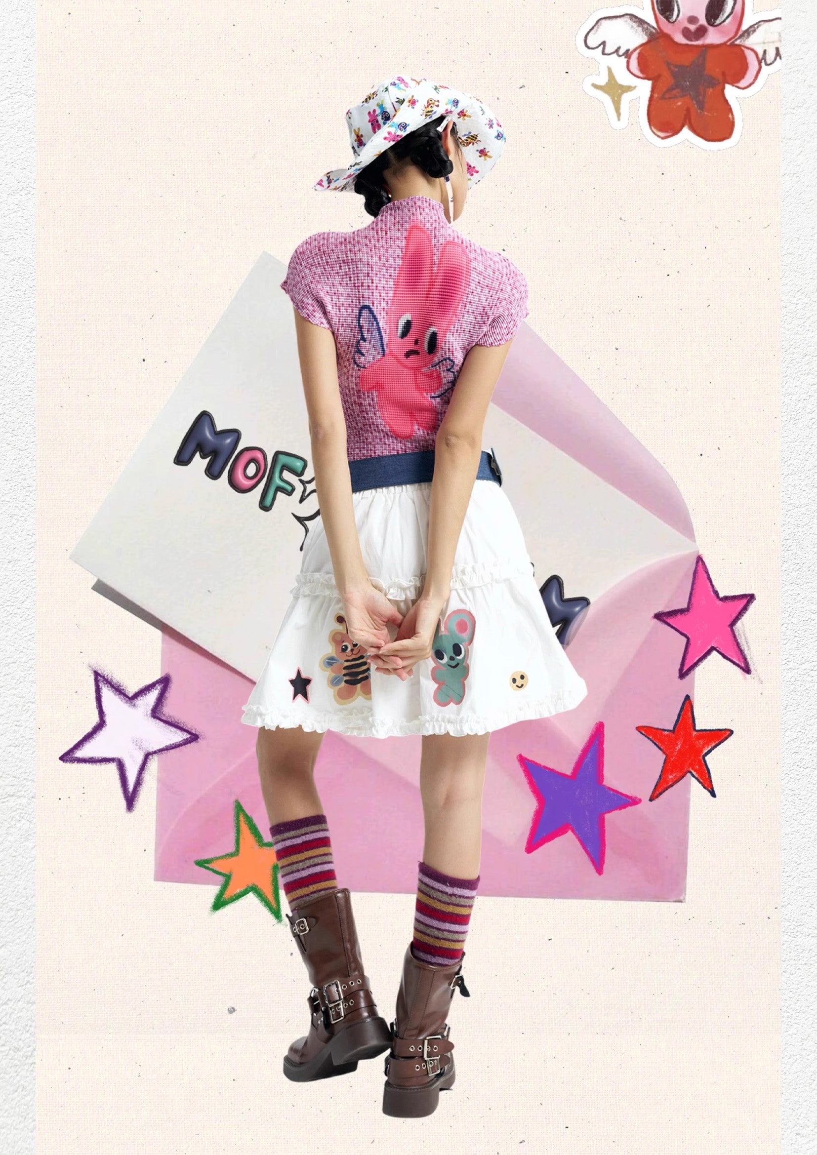 Pink bunny crinkle stretch crop tee - pink knit