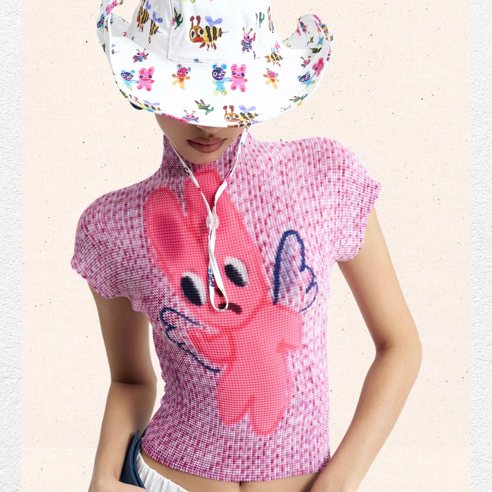 Pink bunny crinkle stretch crop tee - pink knit