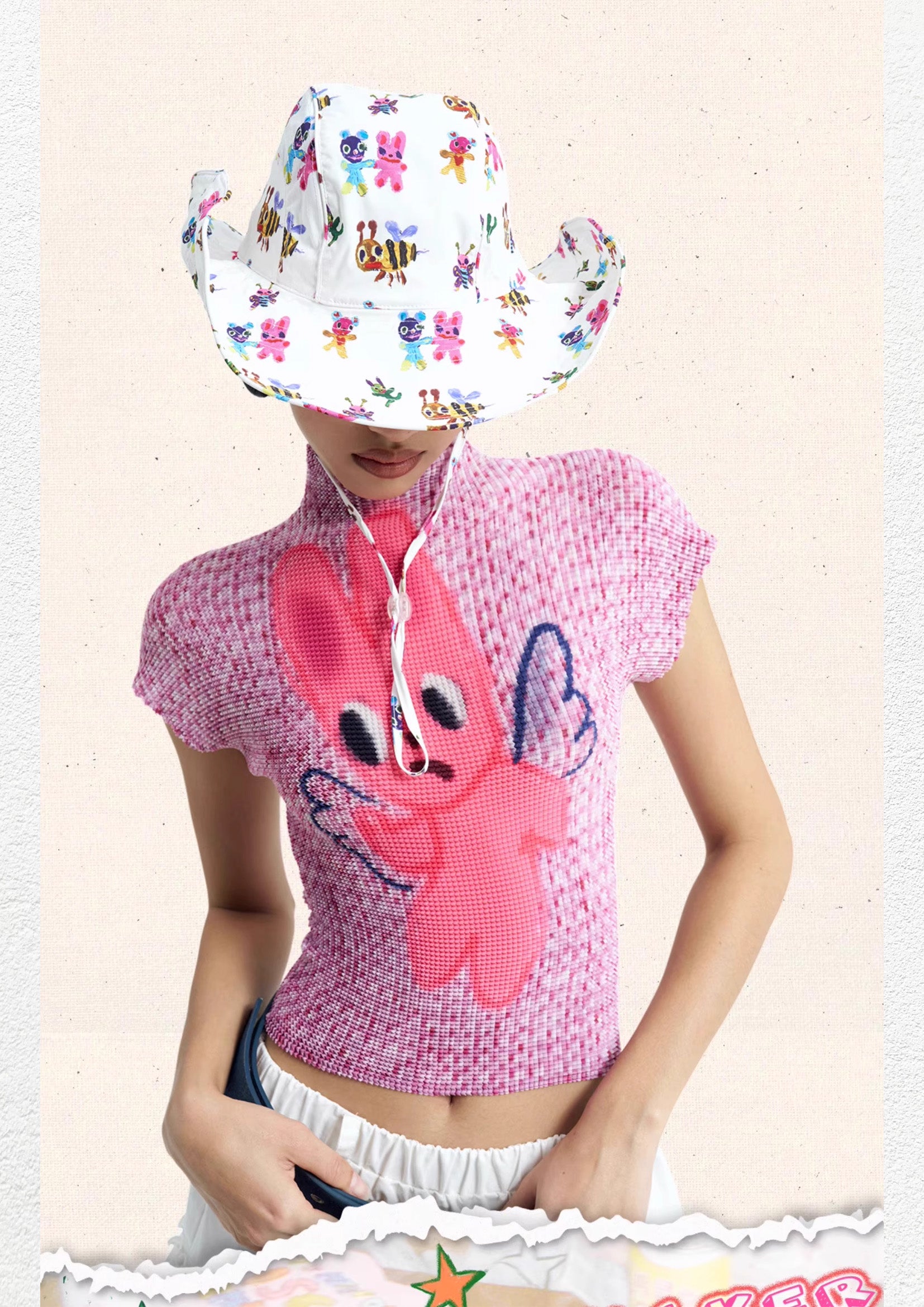 Pink bunny crinkle stretch crop tee - pink knit
