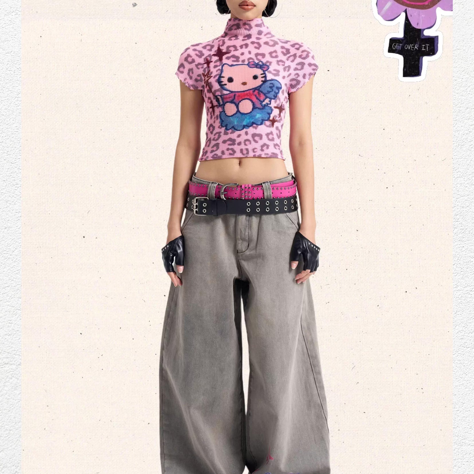 Kitty crinkle stretch crop tee - pink leopard