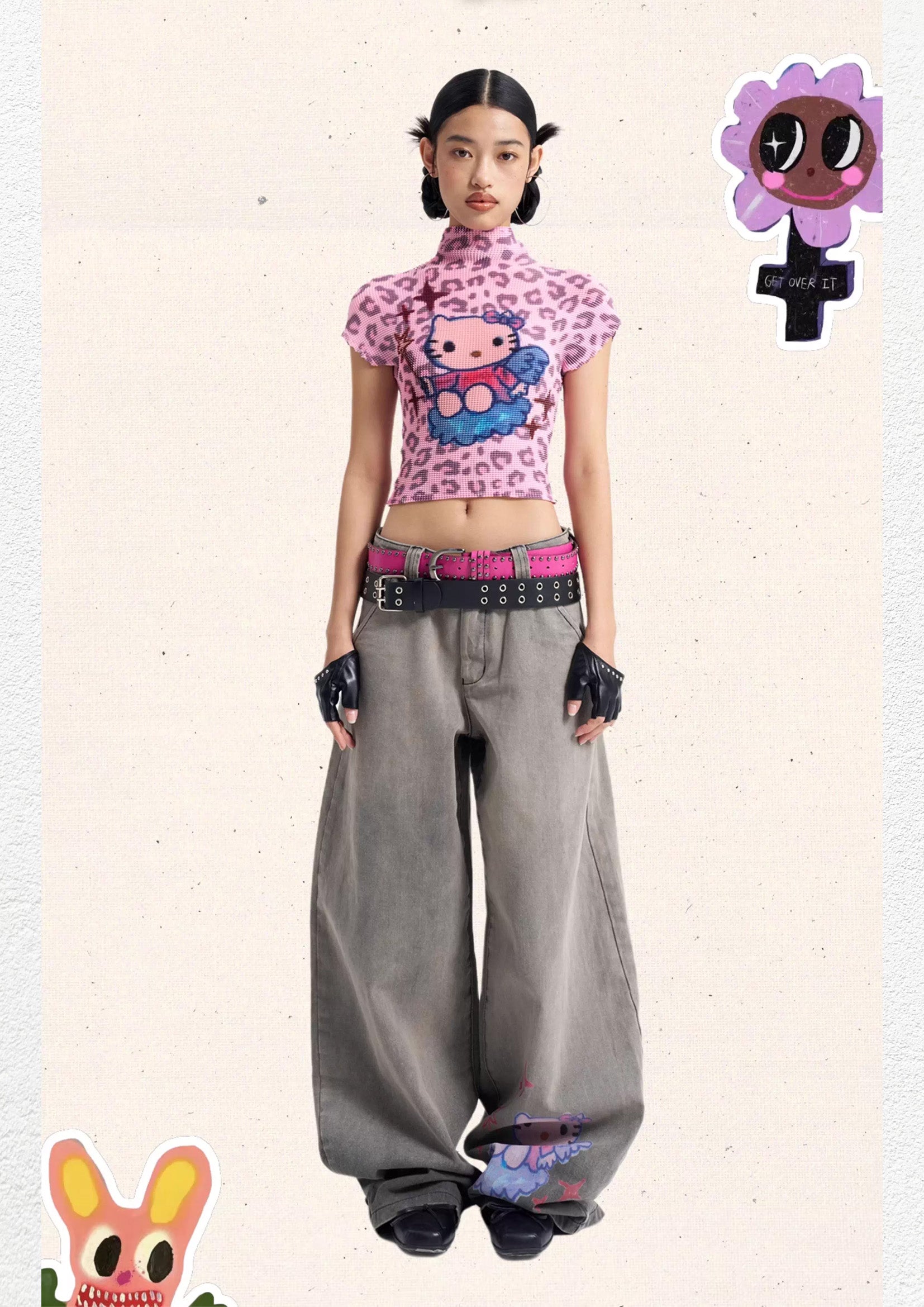 Kitty crinkle stretch crop tee - pink leopard