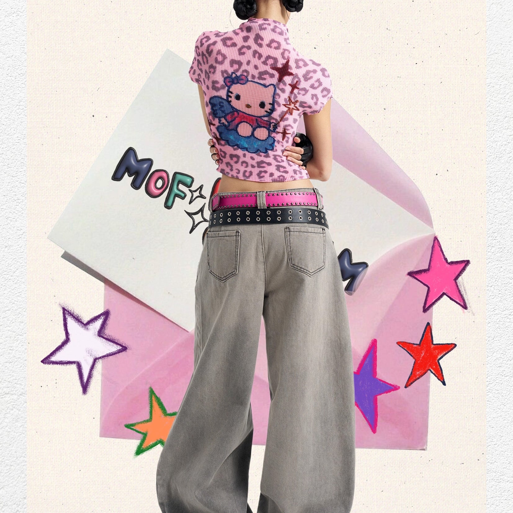 Kitty crinkle stretch crop tee - pink leopard