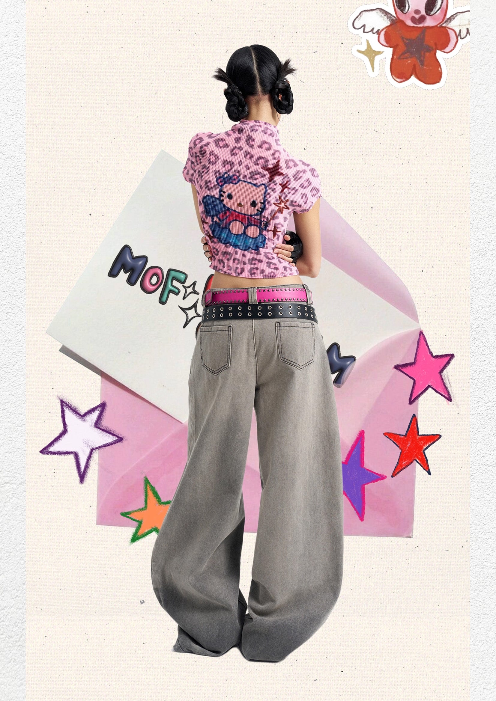 Kitty crinkle stretch crop tee - pink leopard