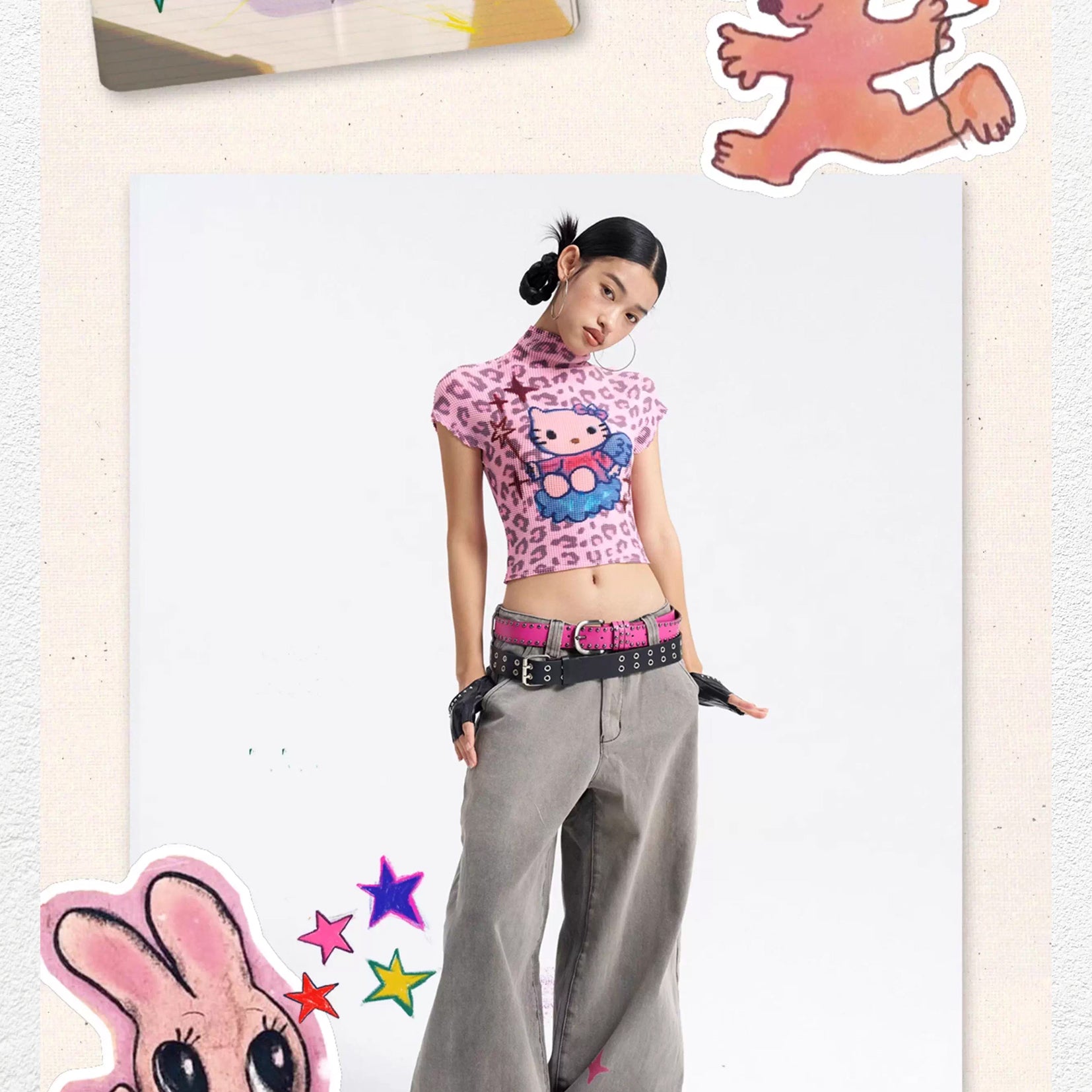 Kitty crinkle stretch crop tee - pink leopard