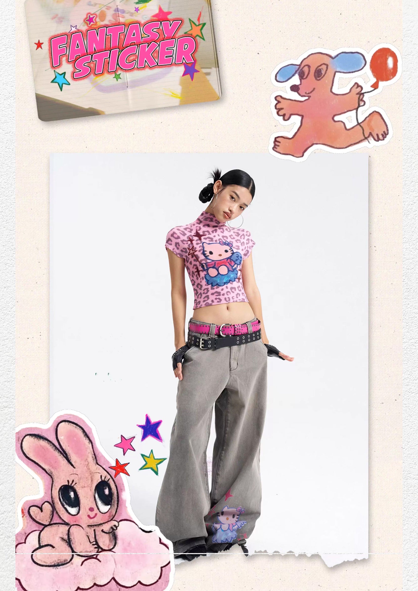 Kitty crinkle stretch crop tee - pink leopard