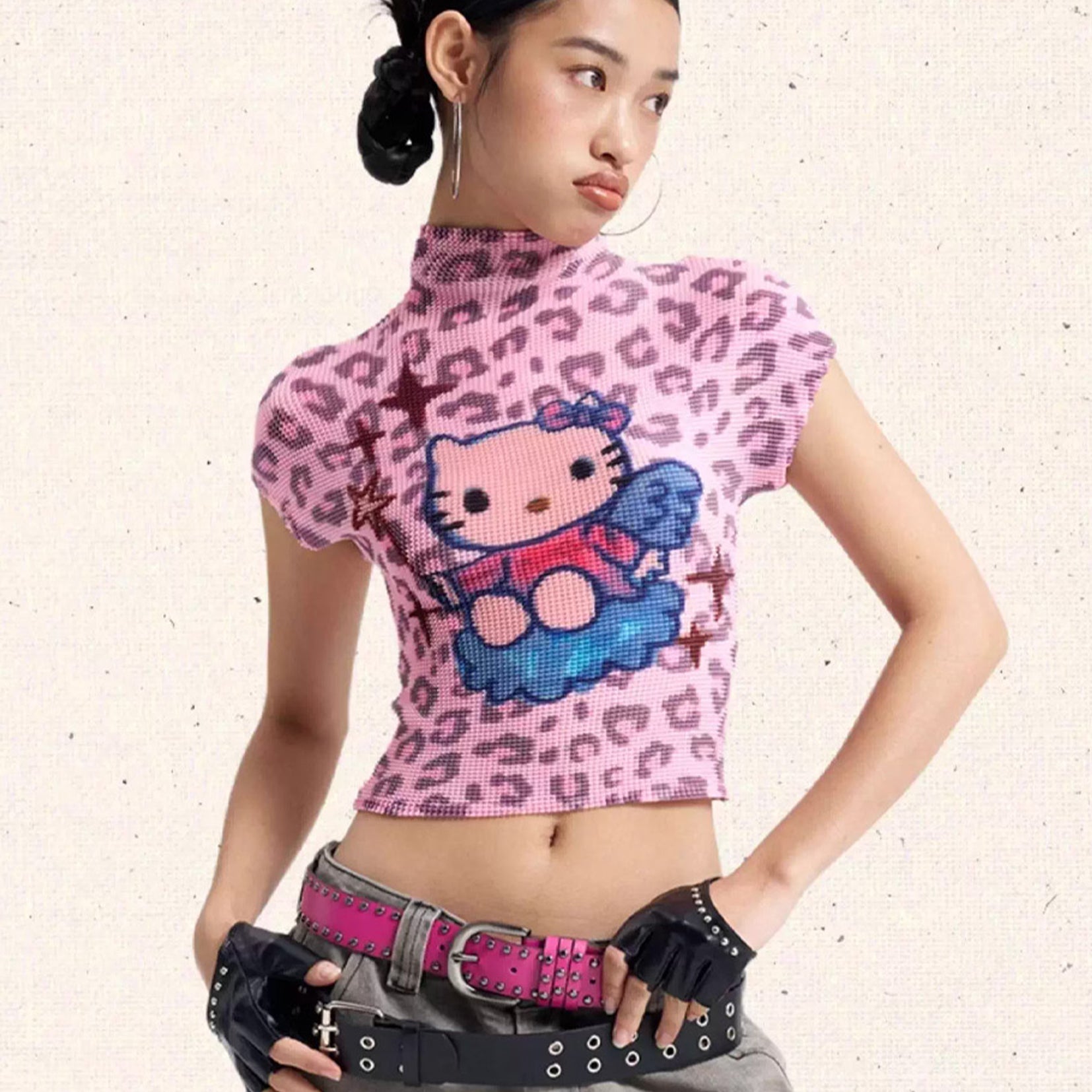 Kitty crinkle stretch crop tee - pink leopard